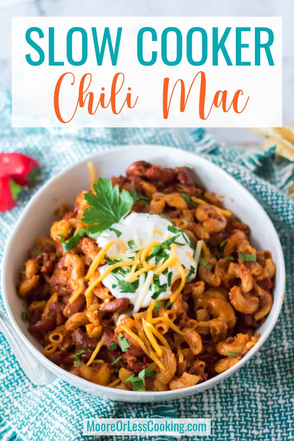 This pantry staple chili mac is pure comfort food that's easily made in your slow cooker. Browned beef joins with kidney beans, tomato sauce, seasonings, and macaroni to create a family favorite meal that's perfect for busy days. via @Mooreorlesscook