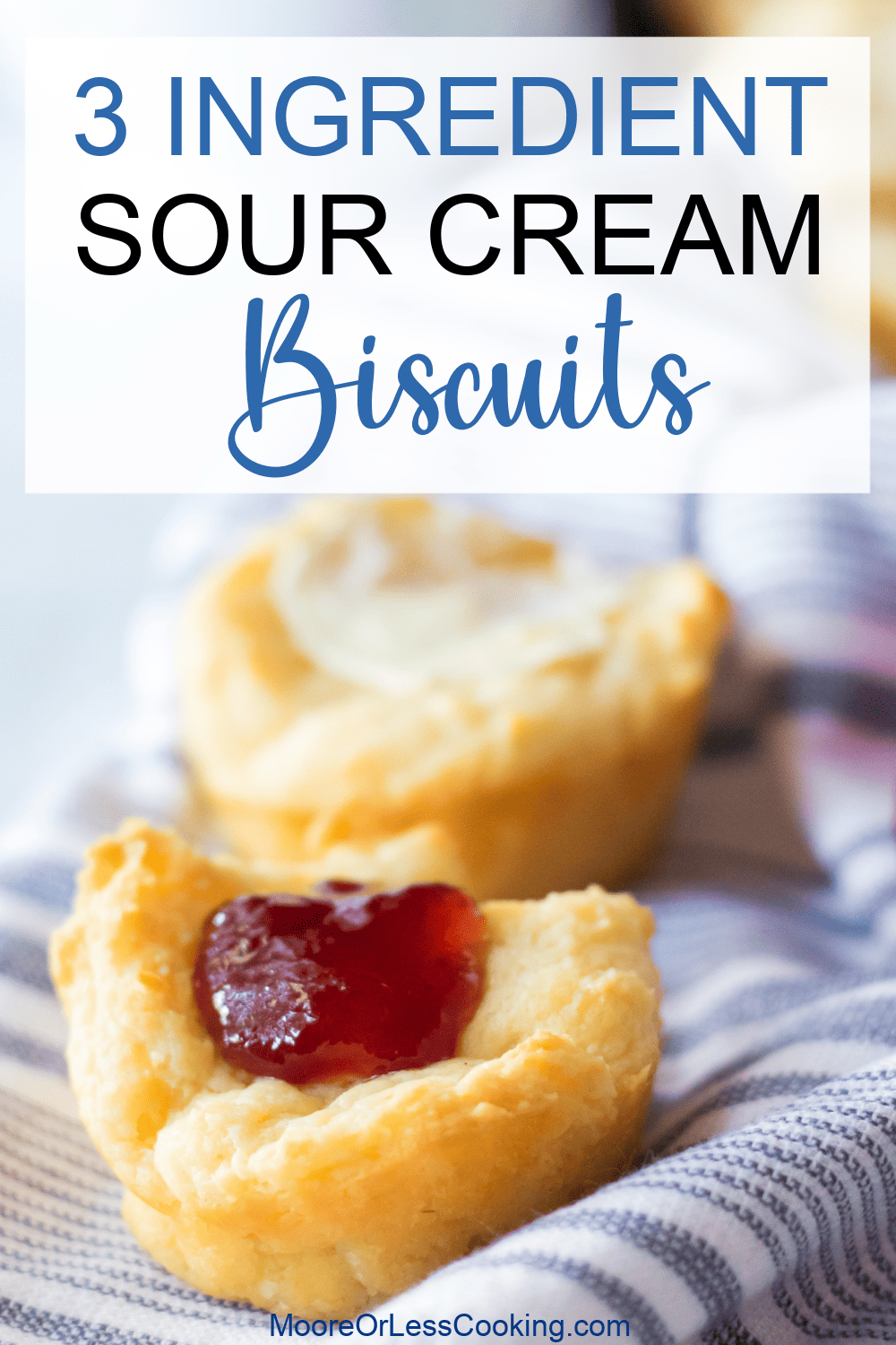 Buttery, tender and made with only 3 ingredients, these Sour Cream Biscuits can be made and on the table in just 30 minutes. You'll love this no-fail method of making biscuits that come out perfect every time! via @Mooreorlesscook