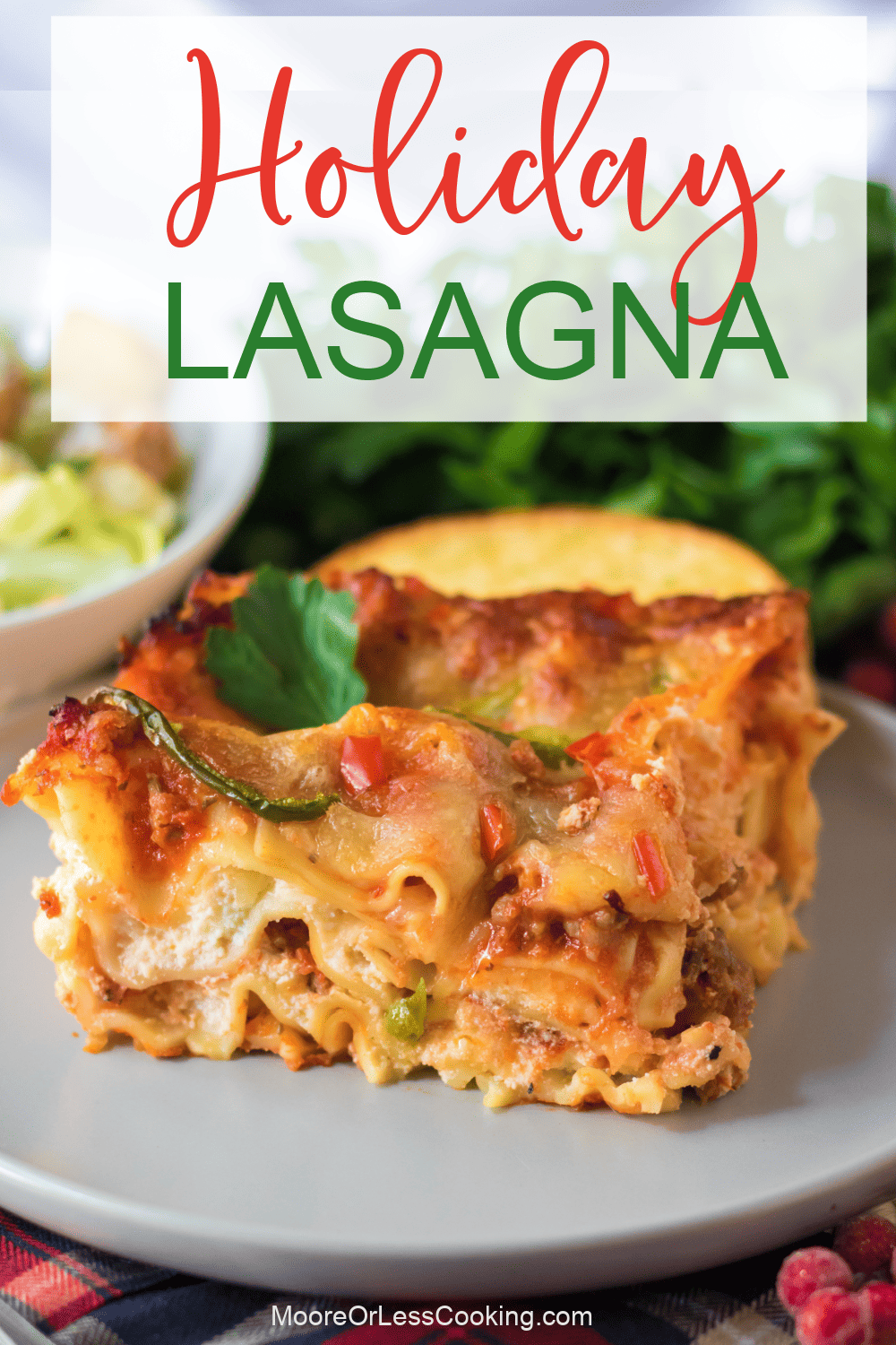 This make-ahead Holiday Lasagna is stacked with savory ingredients and baked to bubbly and cheesy goodness, making it a winner for any seasonal celebration. Feed a crowd with this pasta meal that's perfect for serving at Thanksgiving, Christmas, or New Year's. via @Mooreorlesscook