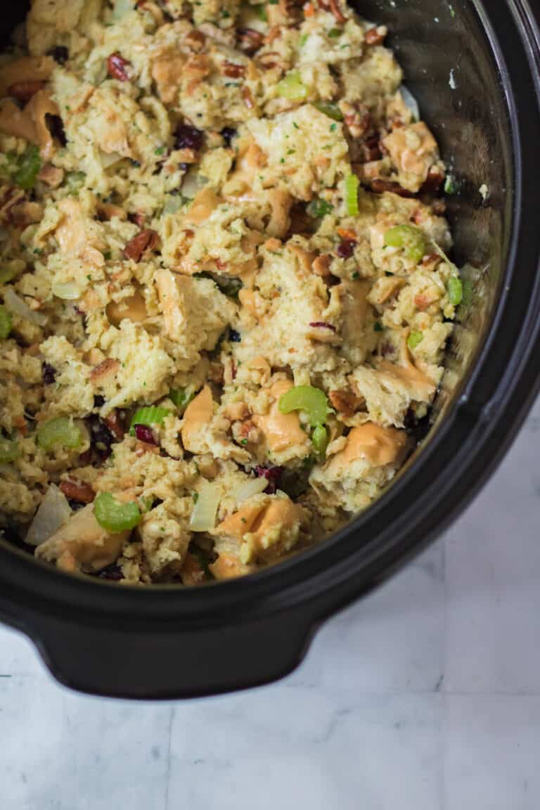 Slow Cooker Cranberry Pecan Stuffing - Moore or Less Cooking