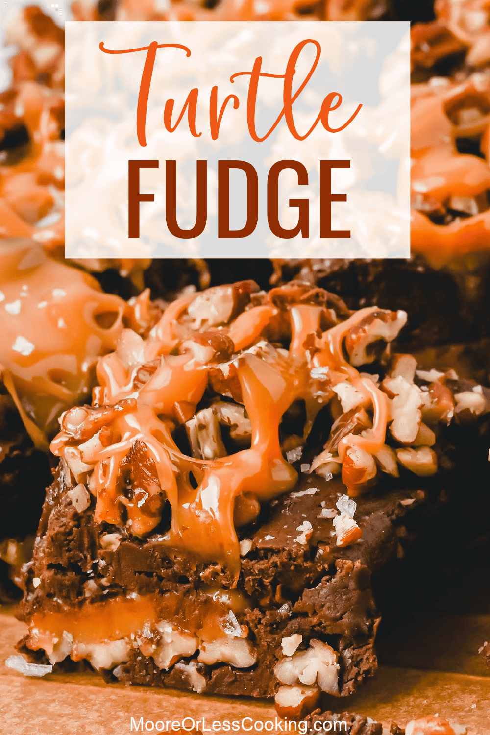 Layers of chocolate fudge, pecans and creamy caramel make this the best fudge you’ll ever eat. via @Mooreorlesscook