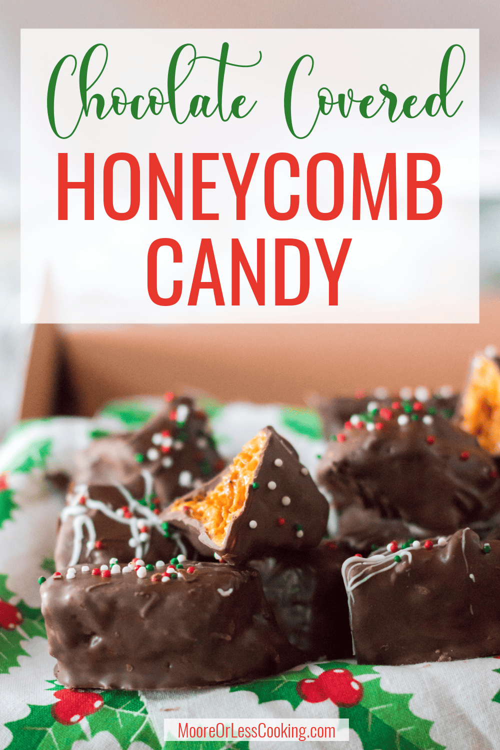 Light, airy, sweet, and crunchy, this Chocolate Covered Honeycomb Candy is a scrumptious caramel-flavored treat. With just a few ingredients, you can make this decadent candy right at home with this easy and fun recipe. via @Mooreorlesscook