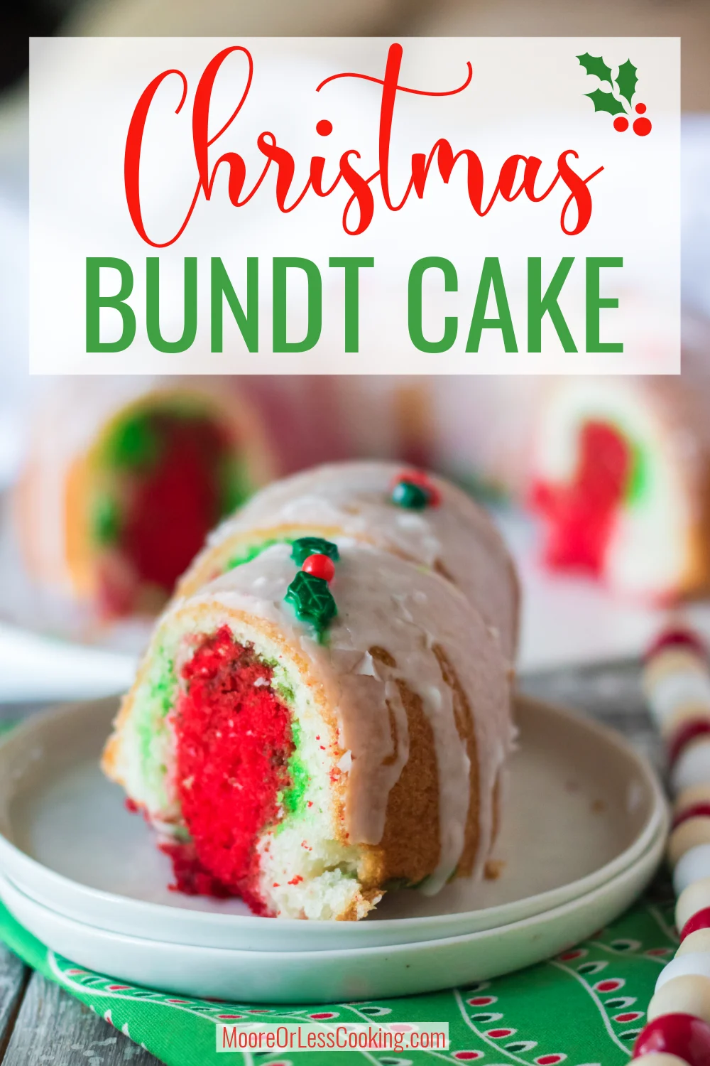 Impress your friends and family this holiday season with this easy to make Christmas Bundt Cake. With swirls of red and green making a festive appearance when sliced, the icing on the cake is a drizzled glaze that's garnished with holly and berry decorative sprinkles. via @Mooreorlesscook