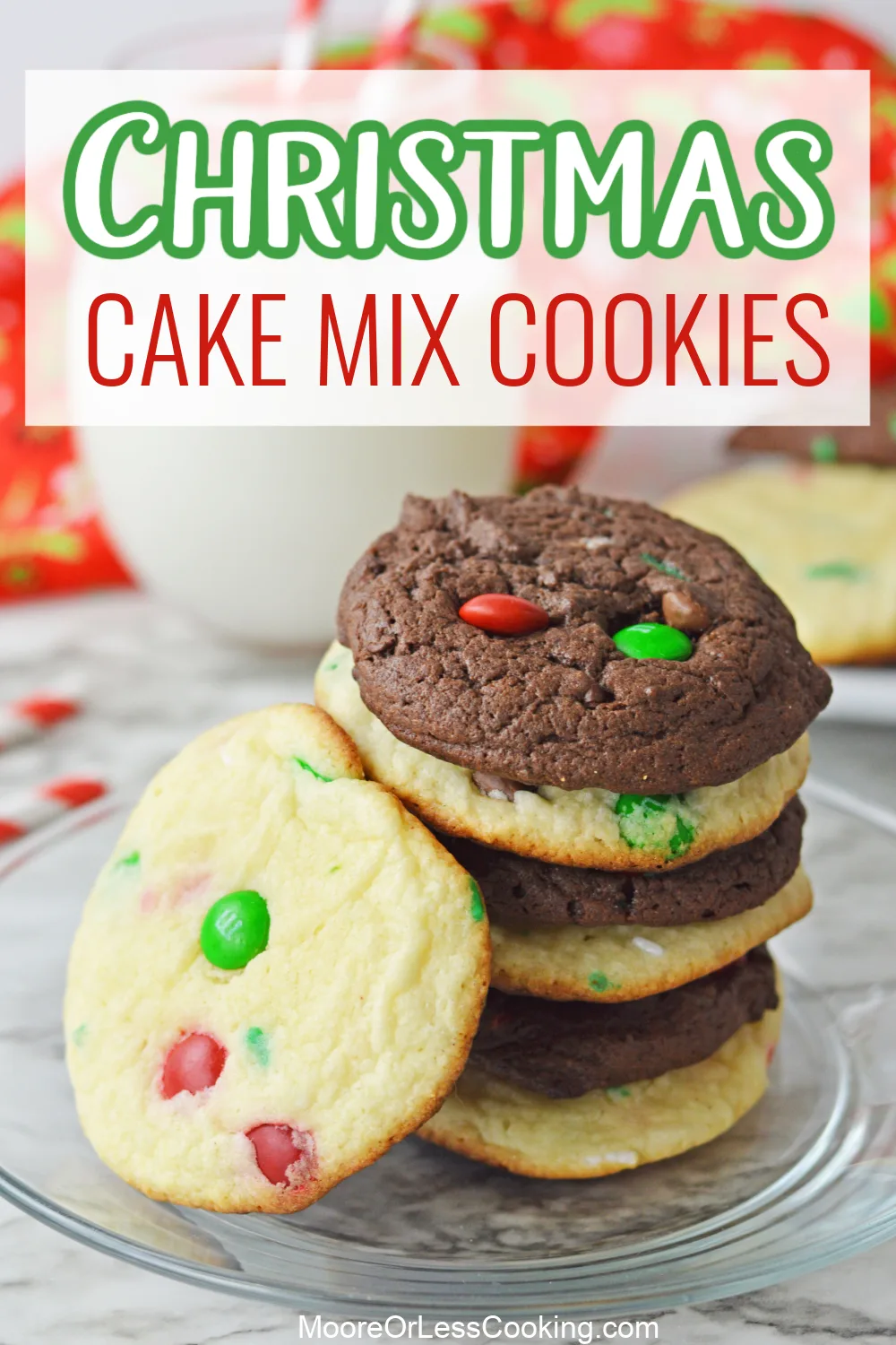 Light, fluffy and scrumptious, these Christmas Cake Mix Cookies are an easy way to bake up a batch of holiday sweetness that's studded with red and green M&Ms and sprinkles for a festive touch. via @Mooreorlesscook