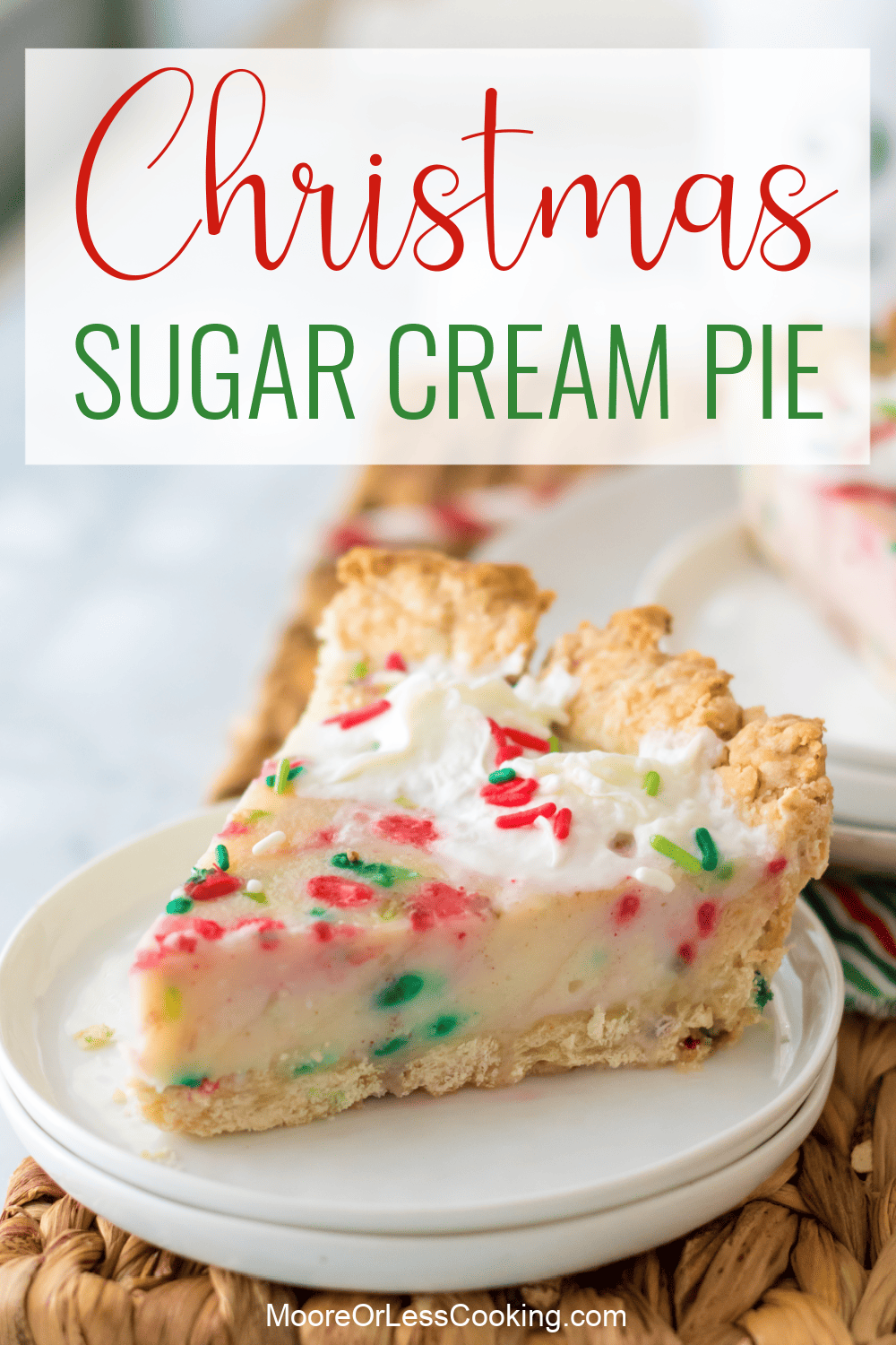A sweet, creamy vanilla custard filling that's dotted with festive sprinkles makes this Christmas Sugar Cream Pie an irresistible holiday dessert. And best of all, you can make it with simple pantry ingredients! via @Mooreorlesscook