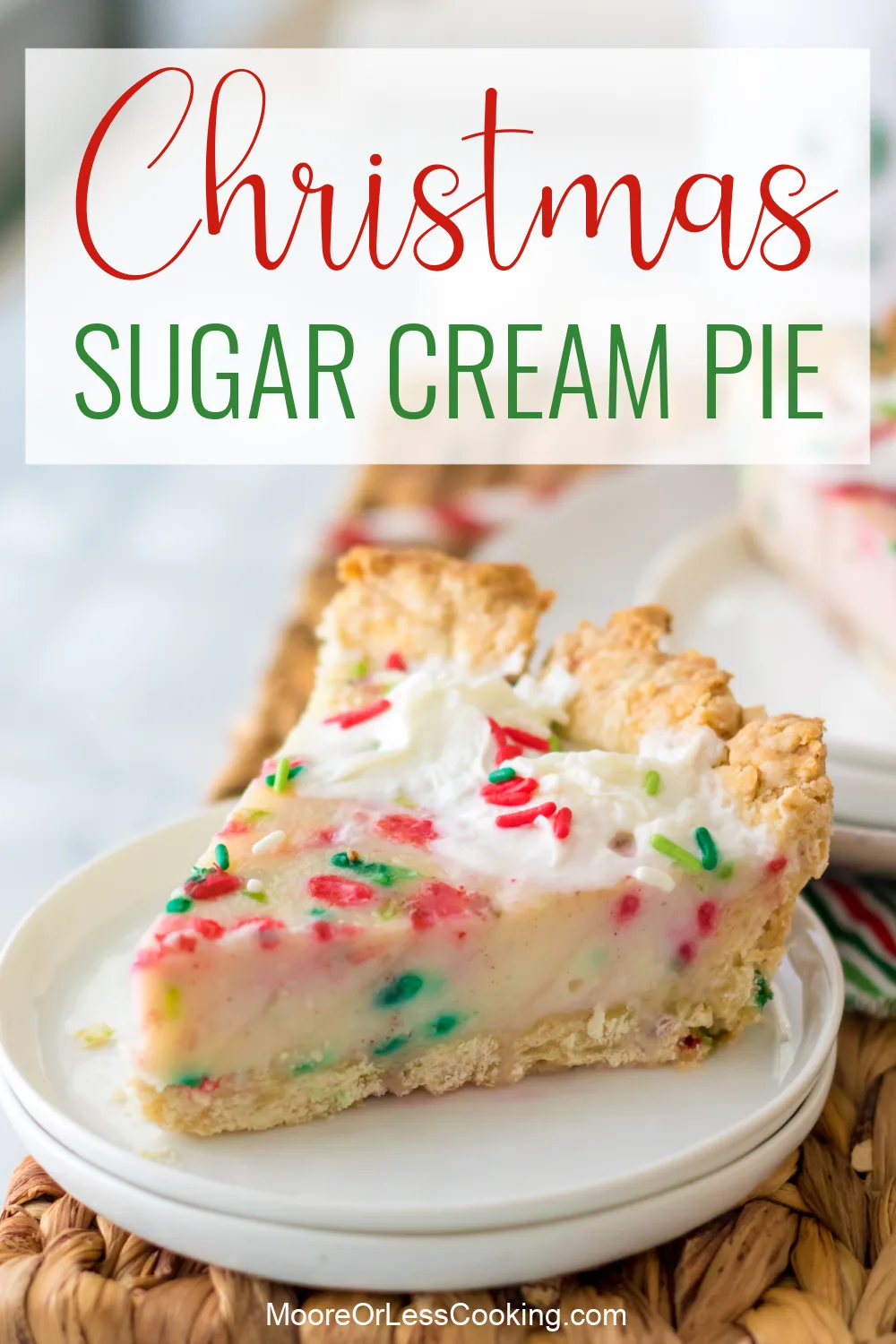A sweet, creamy vanilla custard filling that's dotted with festive sprinkles makes this Christmas Sugar Cream Pie an irresistible holiday dessert. And best of all, you can make it with simple pantry ingredients! via @Mooreorlesscook