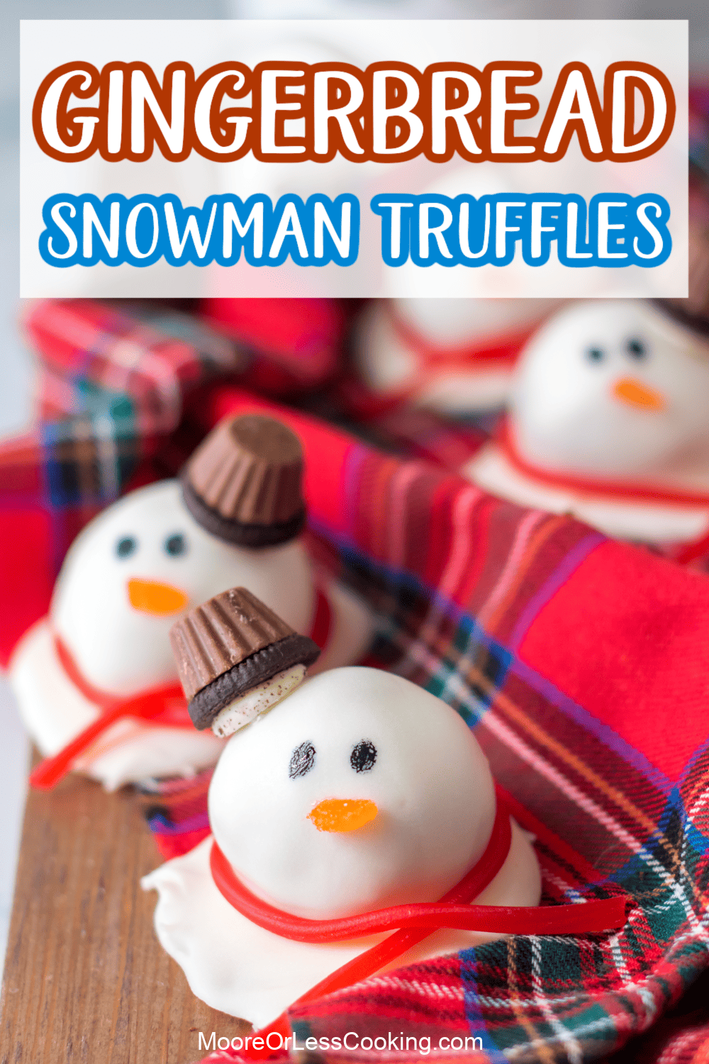 These Gingerbread Snowman Truffles are filled with cozy ginger, cinnamon and molasses flavor and coated in snowy white chocolate. These easy bite-sized cookie balls are a no bake melt-in-your-mouth treat that's perfect for the winter holidays. via @Mooreorlesscook