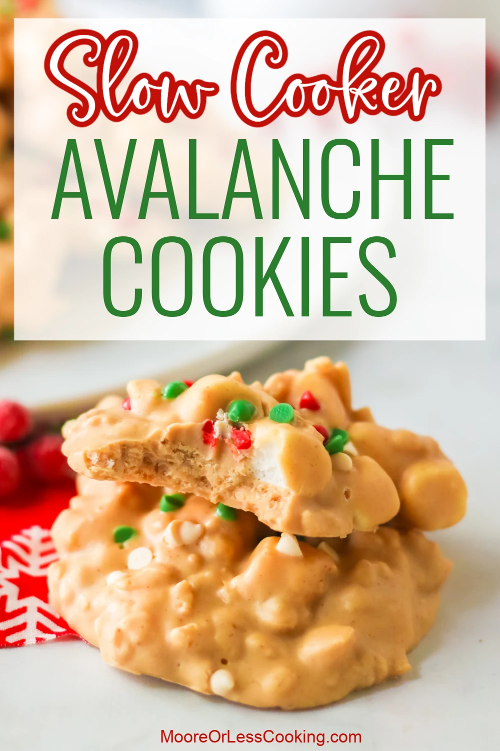 Peanut butter, chocolate, marshmallows, puffed rice, and white almond bark combine to make an irresistible no-bake sweet treat with this Slow Cooker Avalanche Cookies recipe, Crunchy, chewy, and packed with deliciousness, these cookies are perfect for the holidays and beyond. via @Mooreorlesscook