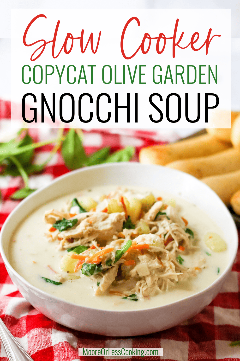 Creamy, flavorful and full of veggies and chicken, this Slow Cooker Copycat Olive Garden Gnocchi Soup is perfect for chilly days. All the textures and tastes are there from the potato gnocchi to the shredded chicken, carrots, spinach, cheese and aromatic seasonings. Let your slow cooker help you make this popular soup right in your own kitchen! via @Mooreorlesscook