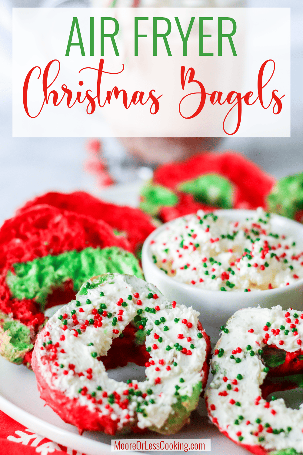 If you love bagels, you'll want to make these festive Air Fryer Christmas Bagels for the holidays. They're all decked out in red and green, ready for a sweet or savory topping. They're perfect for brunch or as an appetizer for parties. Oh, and they're so easy to make! via @Mooreorlesscook