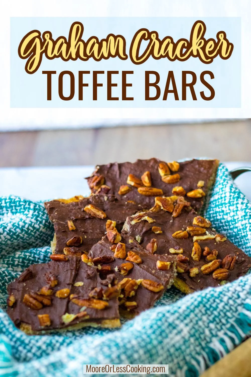Outrageously addicting, these Graham Cracker Toffee Bars are super easy to make and always a crowd-pleaser! Crispy crackers are topped with a buttery brown sugar mixture and layered with melted chocolate and chopped pecans. They're perfect for the holidays and beyond. via @Mooreorlesscook