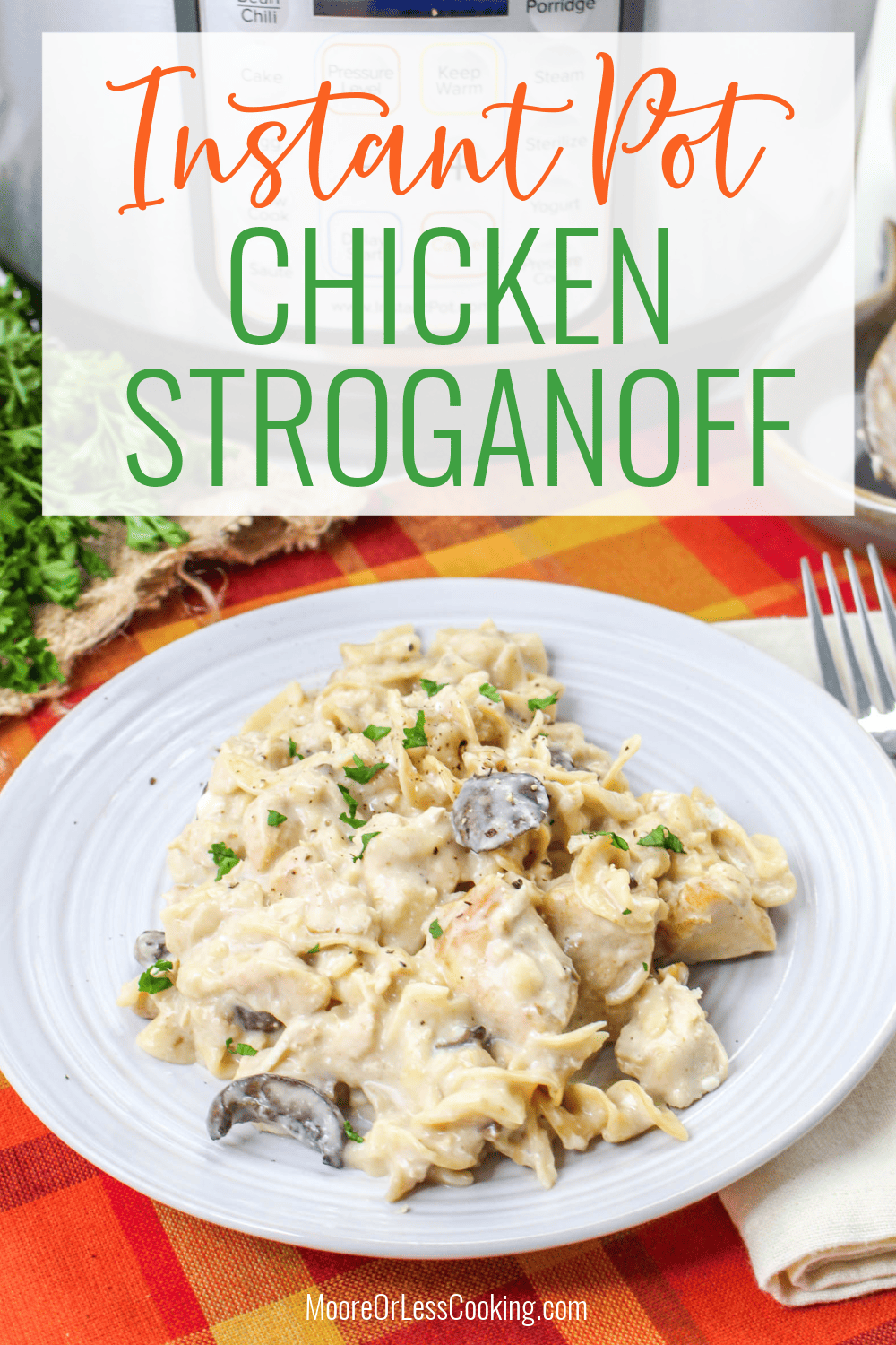 If you're looking for the ultimate quick and easy dinner, this Instant Pot Chicken Stroganoff recipe is it! Egg noodles are cooked and smothered with a flavor-packed mushroom and onion sauce along with tender bite-sized chicken before being tossed with a creamy sour cream mixture. It's a one-pot meal that's always a family favorite. via @Mooreorlesscook