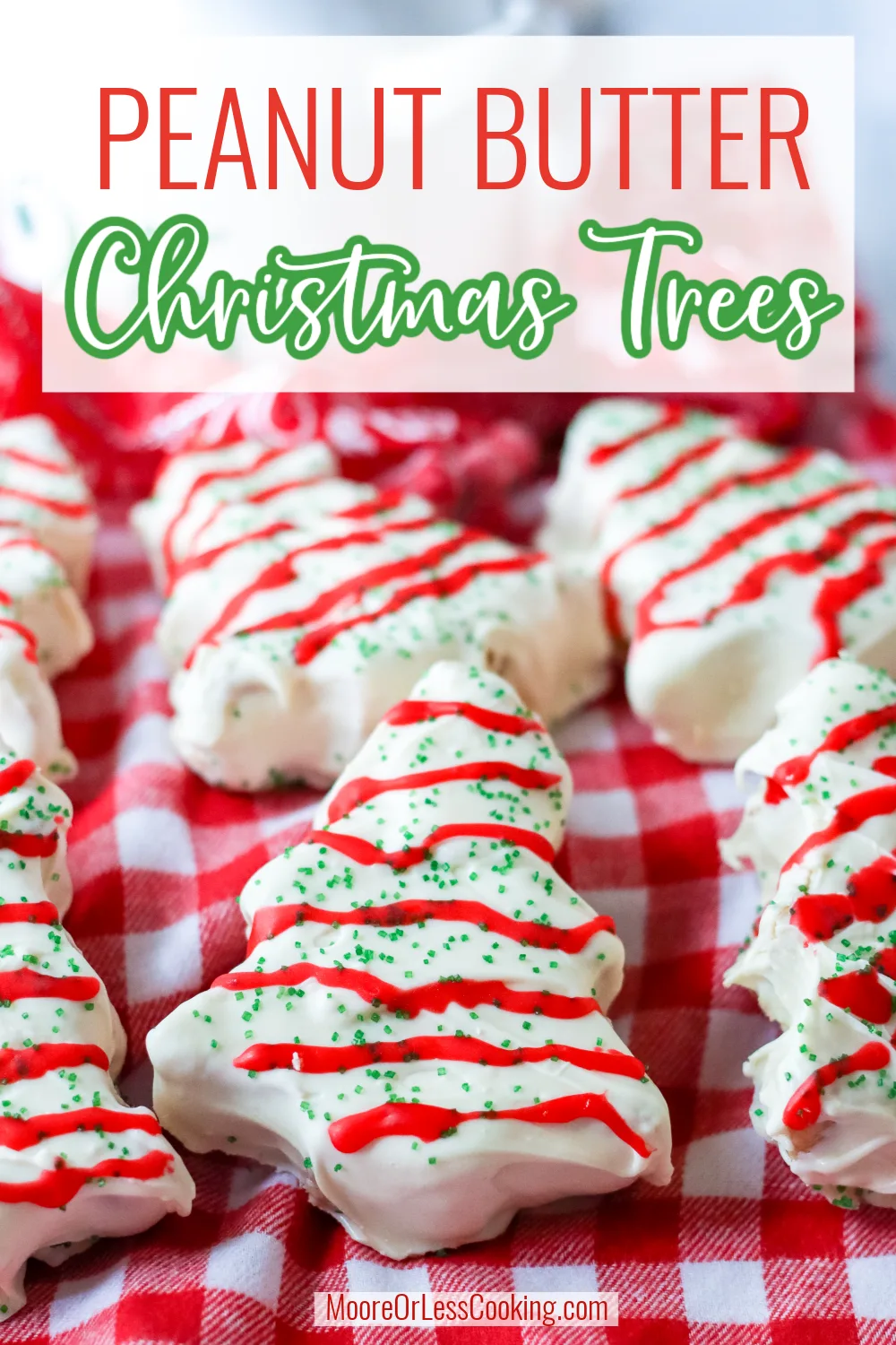 Dipped in white chocolate, these no-bake Peanut Butter Christmas Trees are just waiting to be decorated with red and green icing, sugar, and sprinkles. They're an easy festive sweet treat for the holidays! via @Mooreorlesscook