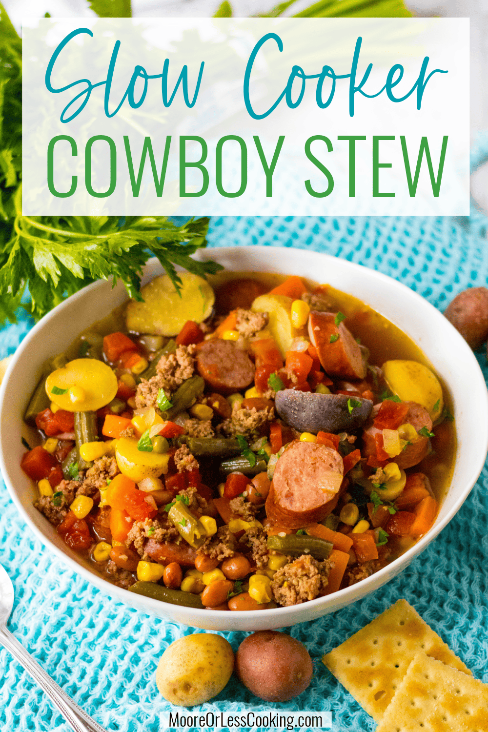 This easy Slow Cooker Cowboy Stew is packed with flavor from the meat, sausage, veggies, beans, and spices. It's a dump-and-go meal perfect for busy days, chilly weather, or when you need to feed a crowd. via @Mooreorlesscook