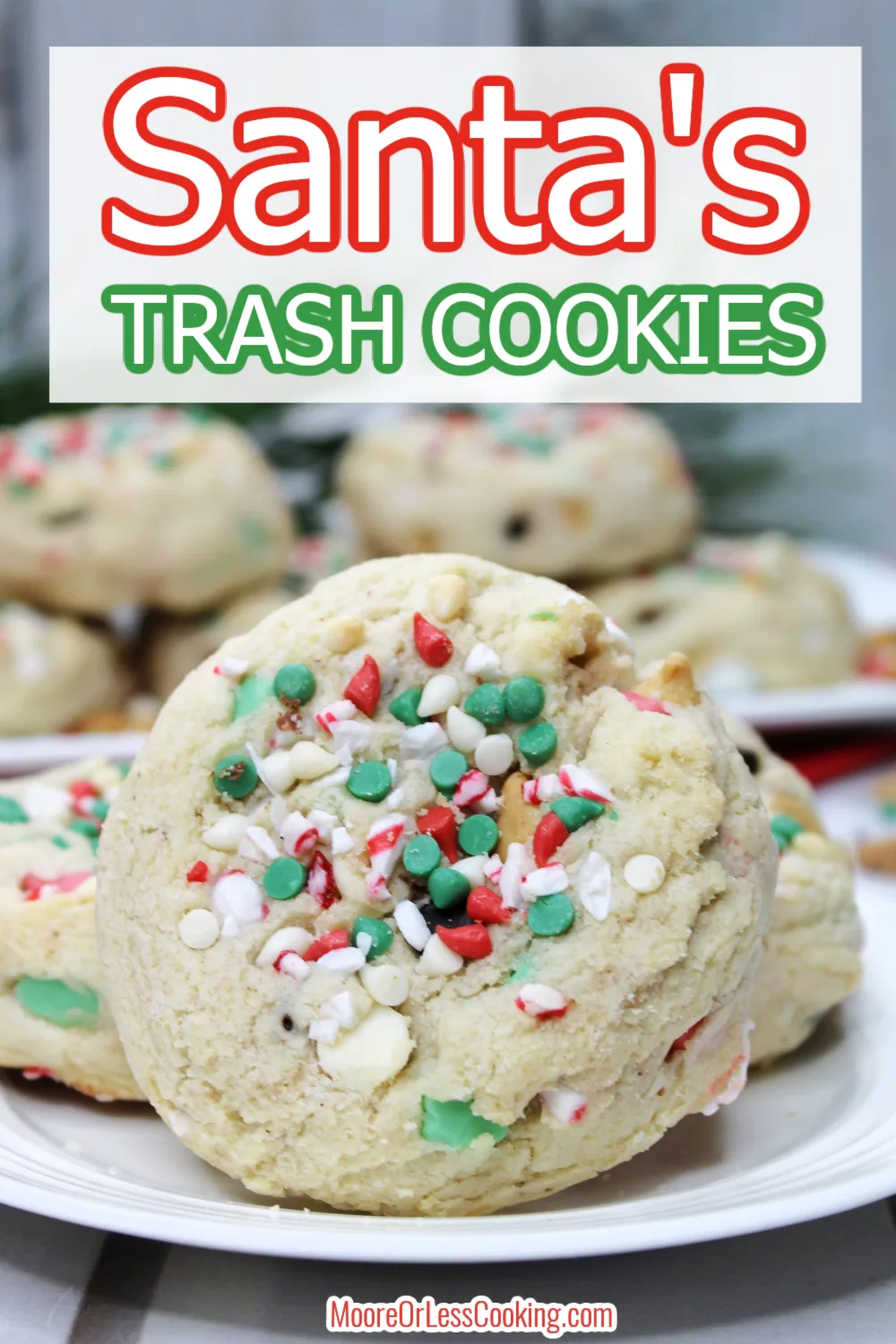 Sweet, salty and full of irresistible ingredients, leave a plate of these Santa's Trash Cookies out for Mr. Claus and his helpers to munch on this holiday season. They're the ultimate festive cookies that are full of crushed pretzels plus an assortment of chocolate chips, candies and sprinkles! via @Mooreorlesscook