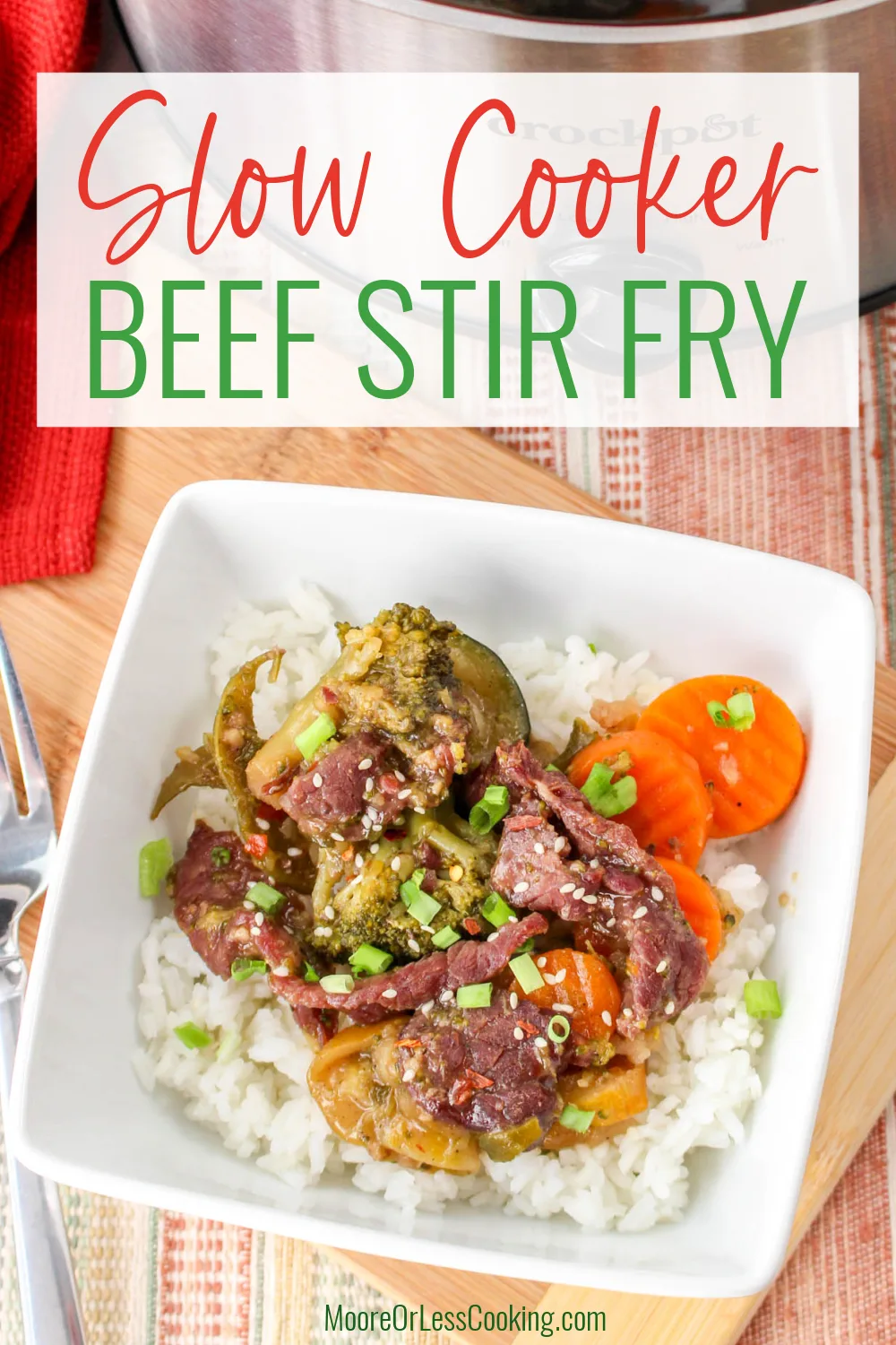 This easy Slow Cooker Beef Stir Fry is the perfect weeknight dinner that's infused with soy sauce, garlic, sesame oil, ginger, and veggies that you can serve over rice or your favorite noodles. It's a dump-and-go one-pot meal that's always a hit! via @Mooreorlesscook