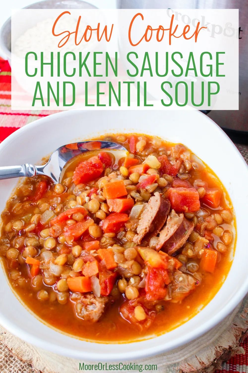 Perfect for chilly weather, this easy Slow Cooker Chicken Sausage And Lentil Soup is a low-effort meal that's hearty and packed with flavor. It's a set-it-and-forget-it recipe that lets your slow cooker turn the lentils, sausage, veggies, and spices into a delicious soup that's seasoned to perfection. via @Mooreorlesscook