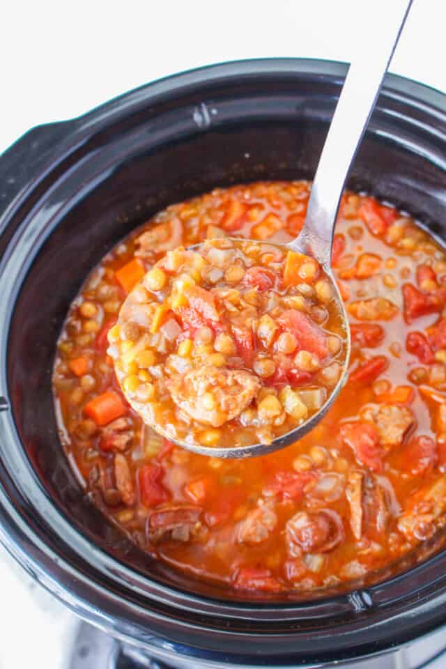 Slow Cooker Chicken Sausage And Lentil Soup - Moore or Less Cooking