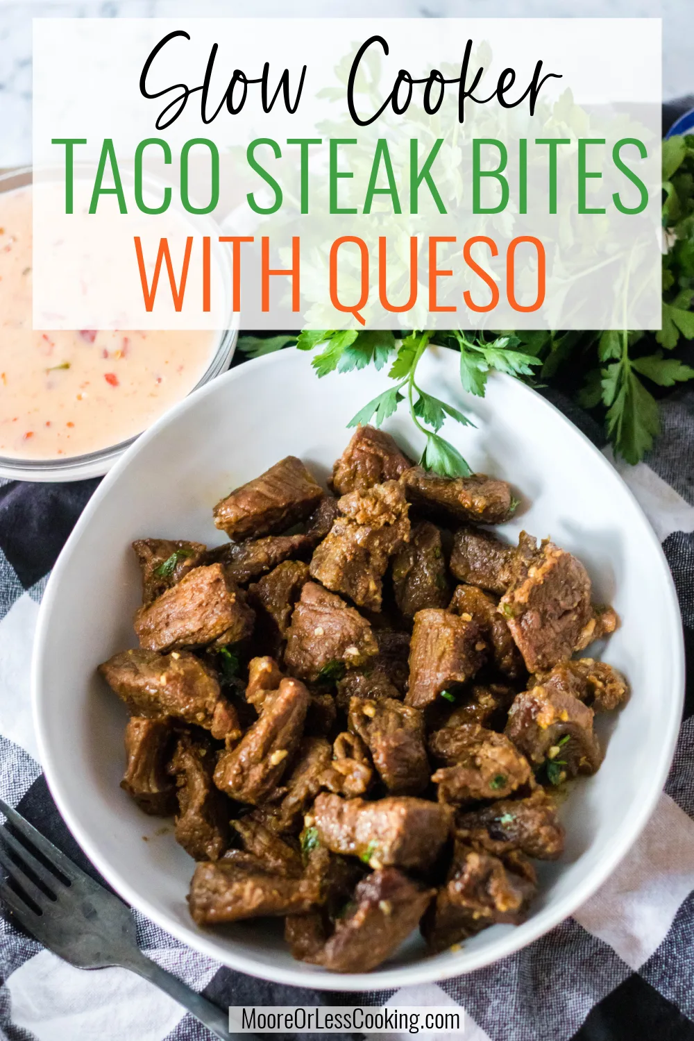If you're looking for a tender and delicious beef appetizer, these Slow Cooker Taco Steak Bites with Queso couldn't be easier. Spicy Mexican-inspired flavors are infused by cooking the beef low and slow making them perfect for dipping in the warm and zesty queso. via @Mooreorlesscook