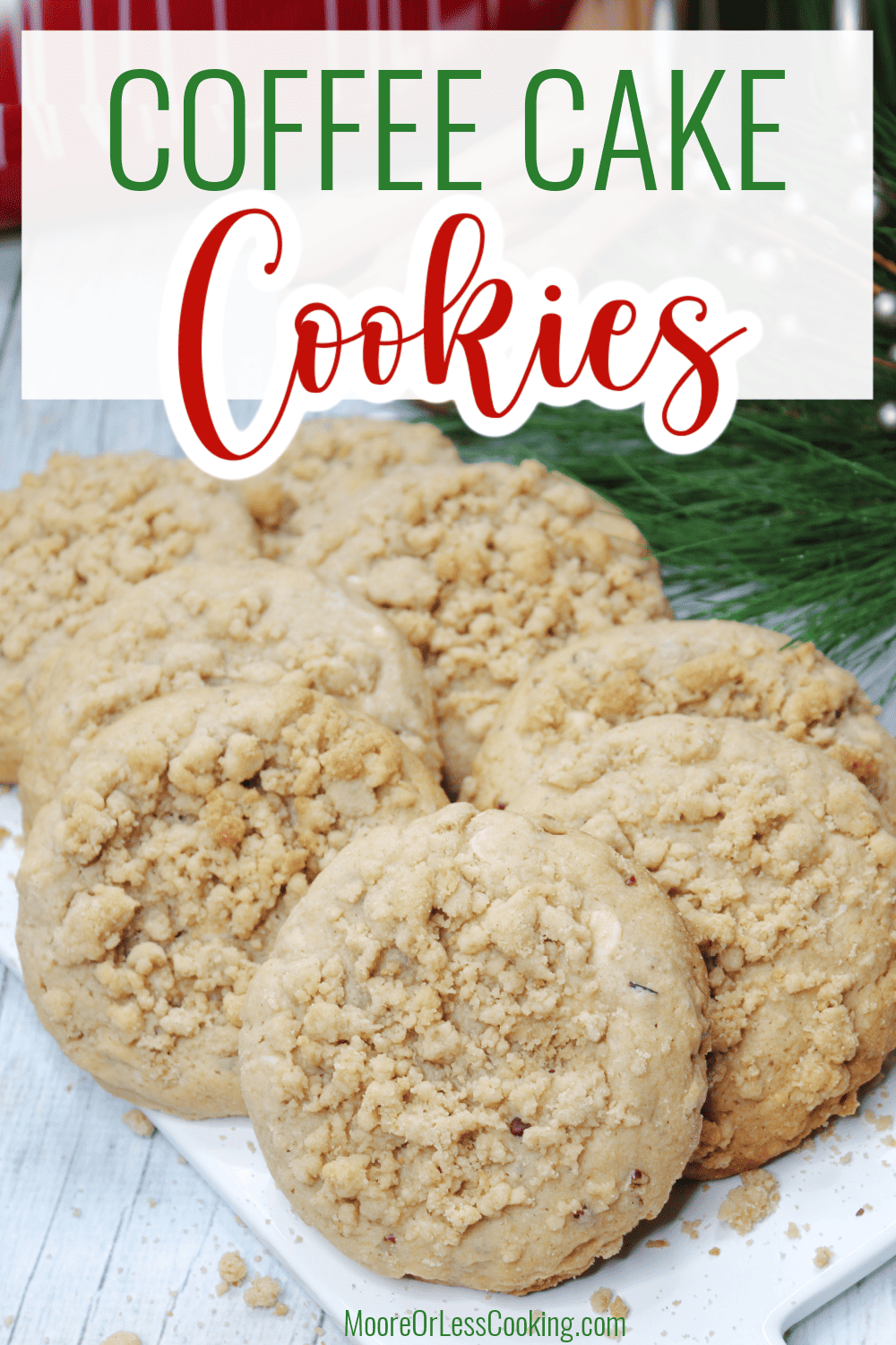 Topped with a cinnamon streusel crumble, these Coffee Cake Cookies are a scrumptious treat that's perfect for breakfast, dessert, or snack time. Quick and easy to make, these cookies are packed with buttery flavor, brown sugar, and cinnamon, making them completely irresistible! via @Mooreorlesscook