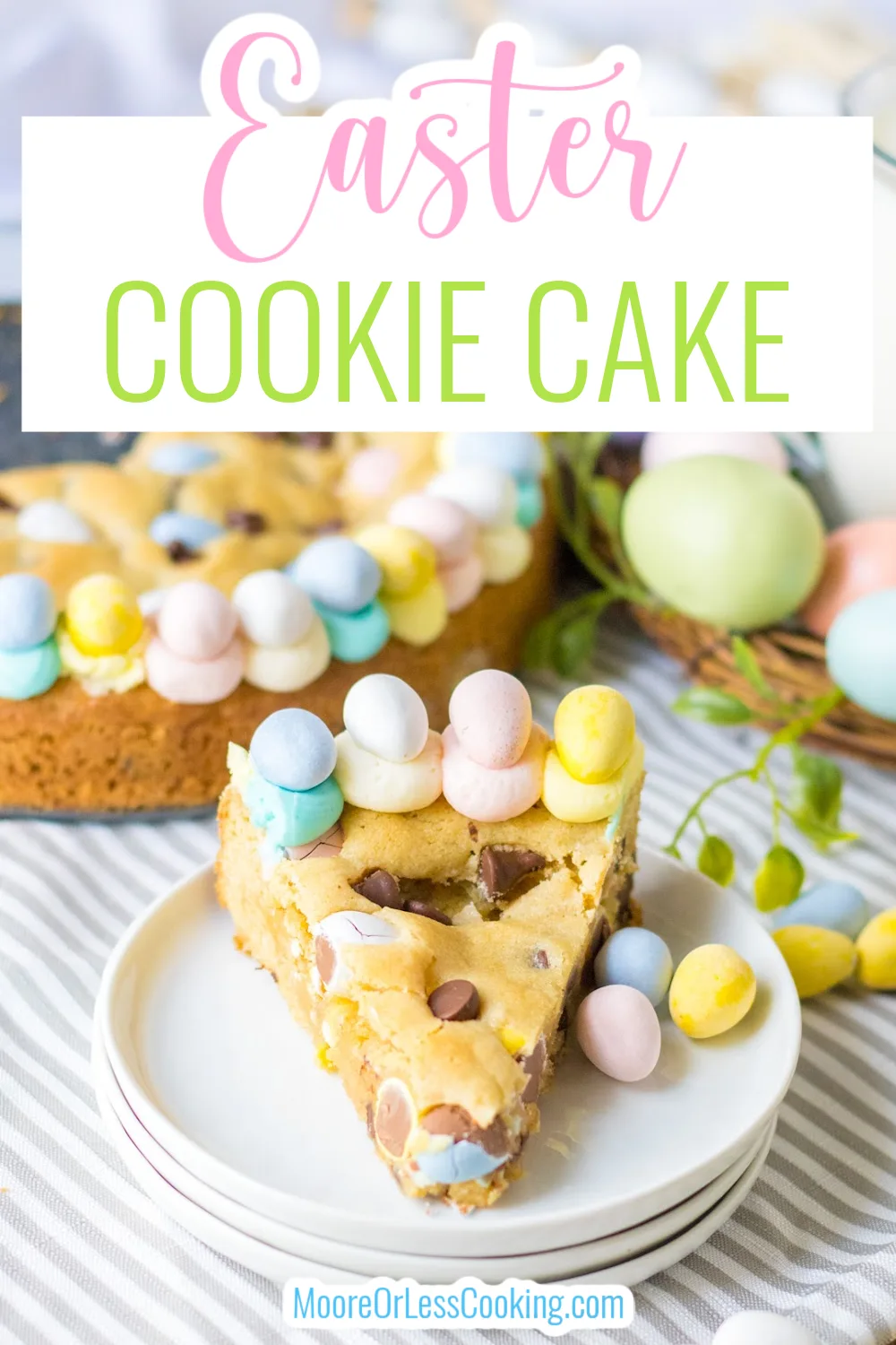 Perfect for any spring-themed event, kid's parties, baby showers, or where pastel shades would brighten the festivities, this Easter Cookie Cake is guaranteed to be a hit. via @Mooreorlesscook