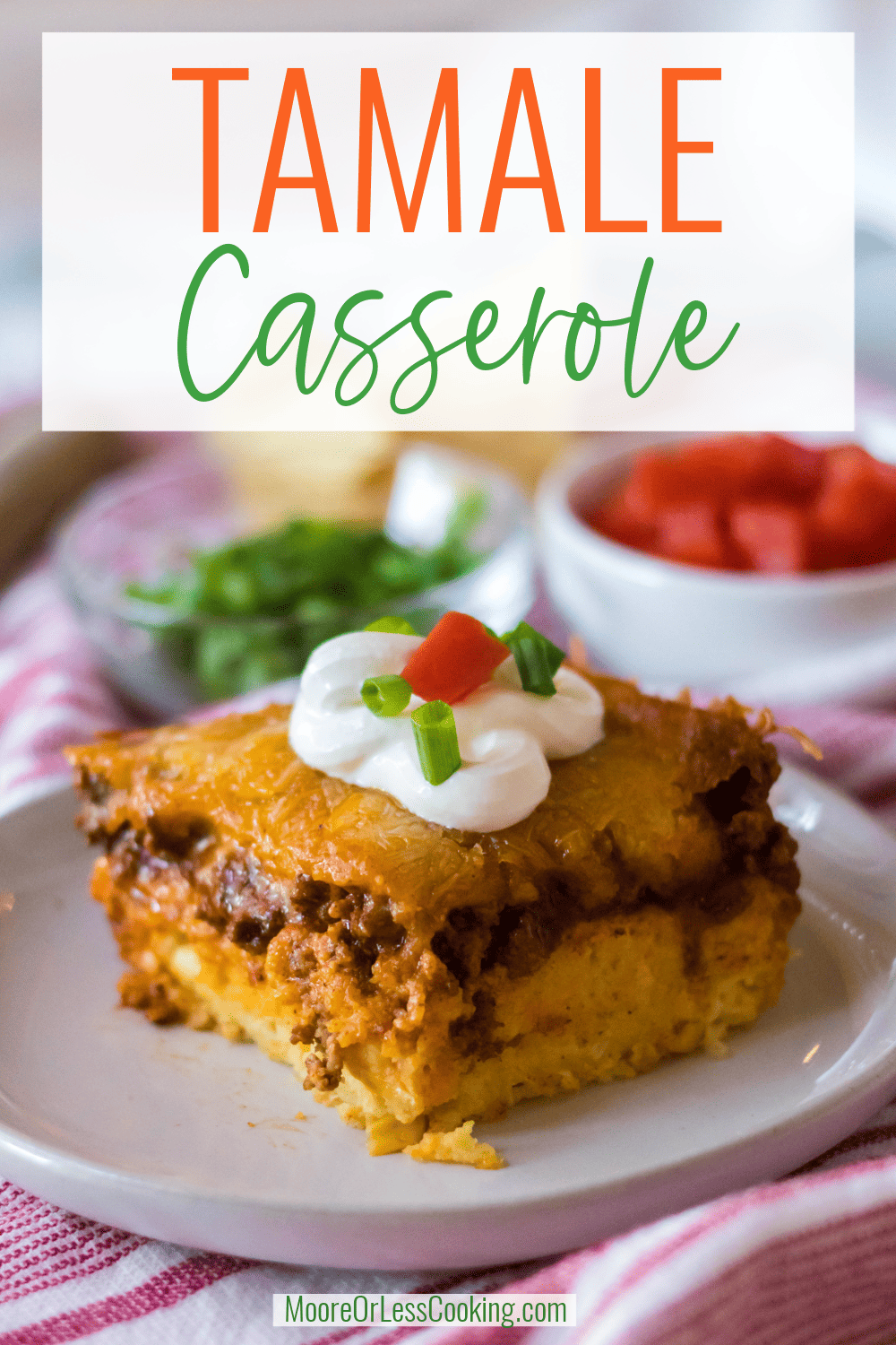 This Tamale Casserole uses simple pantry ingredients to bake up a Mexican-inspired meal that's always a family favorite. This recipe comes together easily for a weeknight meal that spices up a cornbread mix that's topped with a seasoned ground beef mixture and baked to savory and cheesy deliciousness. via @Mooreorlesscook