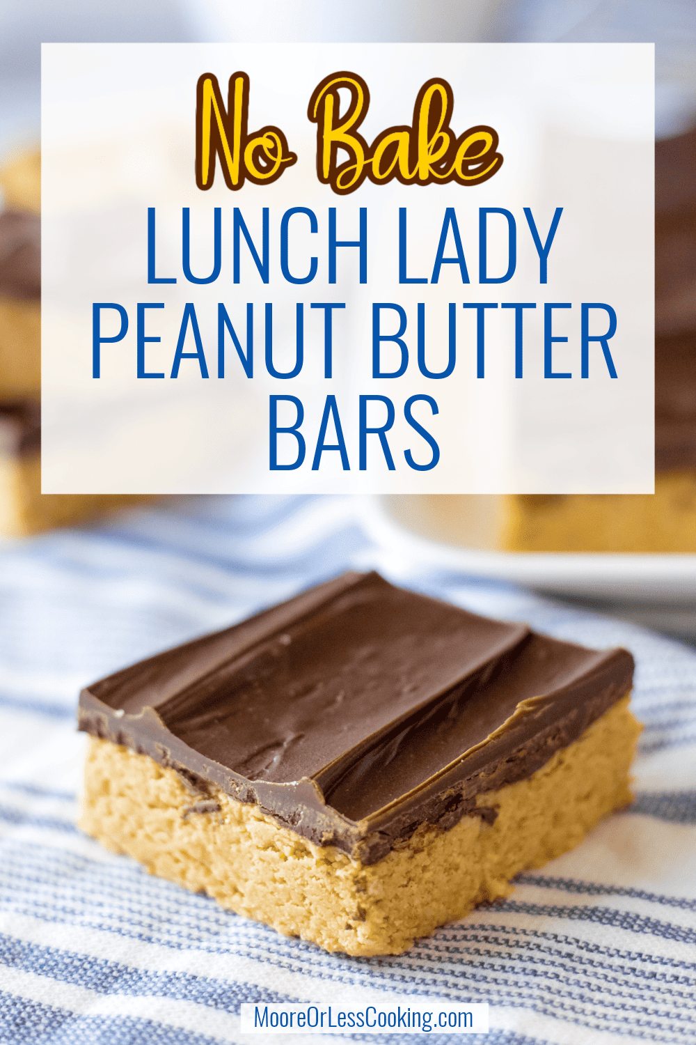 This easy school cafeteria recipe for No Bake Lunch Lady Peanut Butter Bars will bring back delicious memories of this classic sweet treat. A layer of thick, buttery and sweet peanut butter batter is topped with a smooth chocolate ganache in this nostalgic dessert. via @Mooreorlesscook