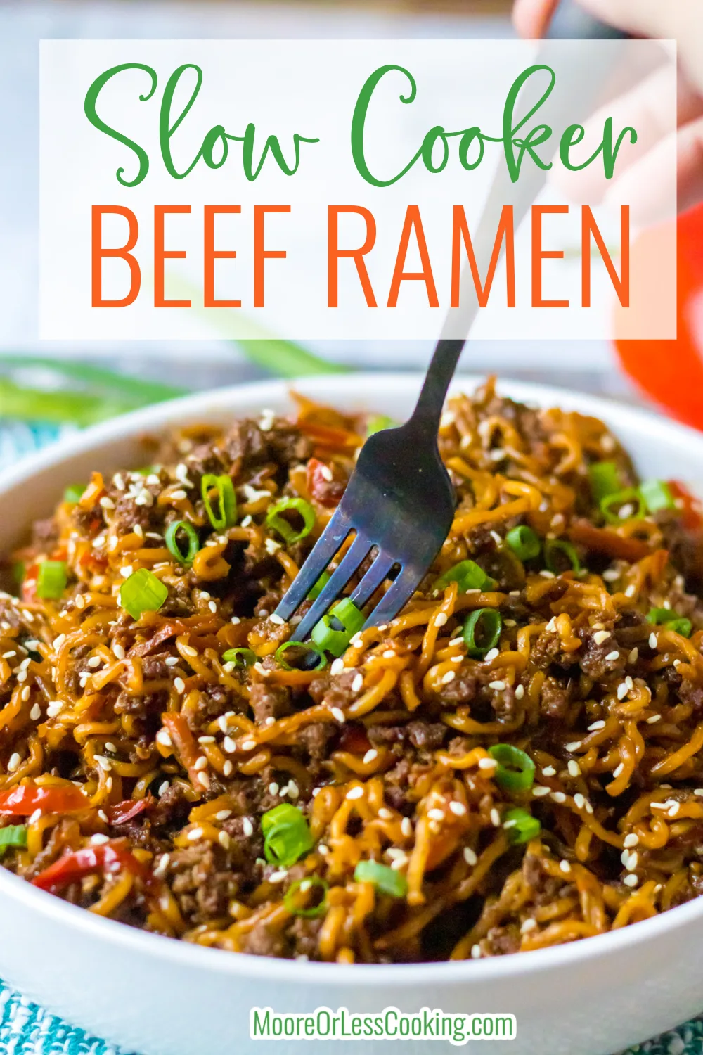 Slow Cooker Beef Ramen is always a favorite weeknight dinner. Simple to throw together but so flavorful. Ground beef, green onions, carrots, red bell pepper, and a sweet and savory sauce make this a crowd-pleaser. via @Mooreorlesscook