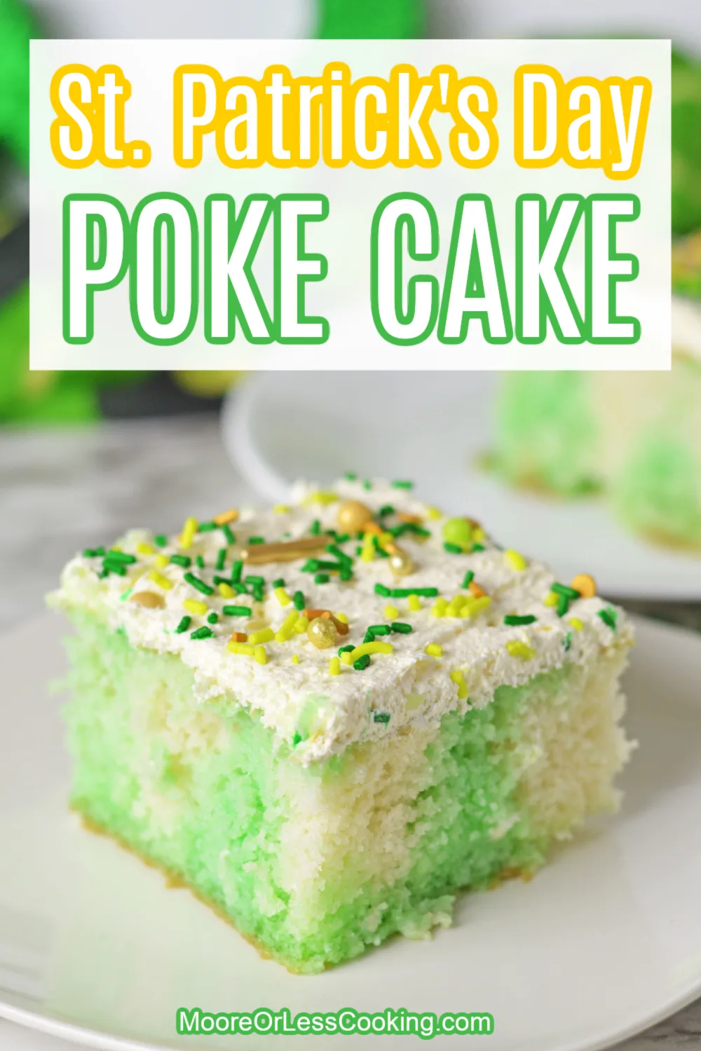 Up-level a boxed cake mix with lime jello in this outrageously delicious St. Patrick's Day Poke Cake. Go all out for this Irish holiday by garnishing the white chocolate pudding and cool whip frosting with green and gold sprinkles for a festive touch. via @Mooreorlesscook