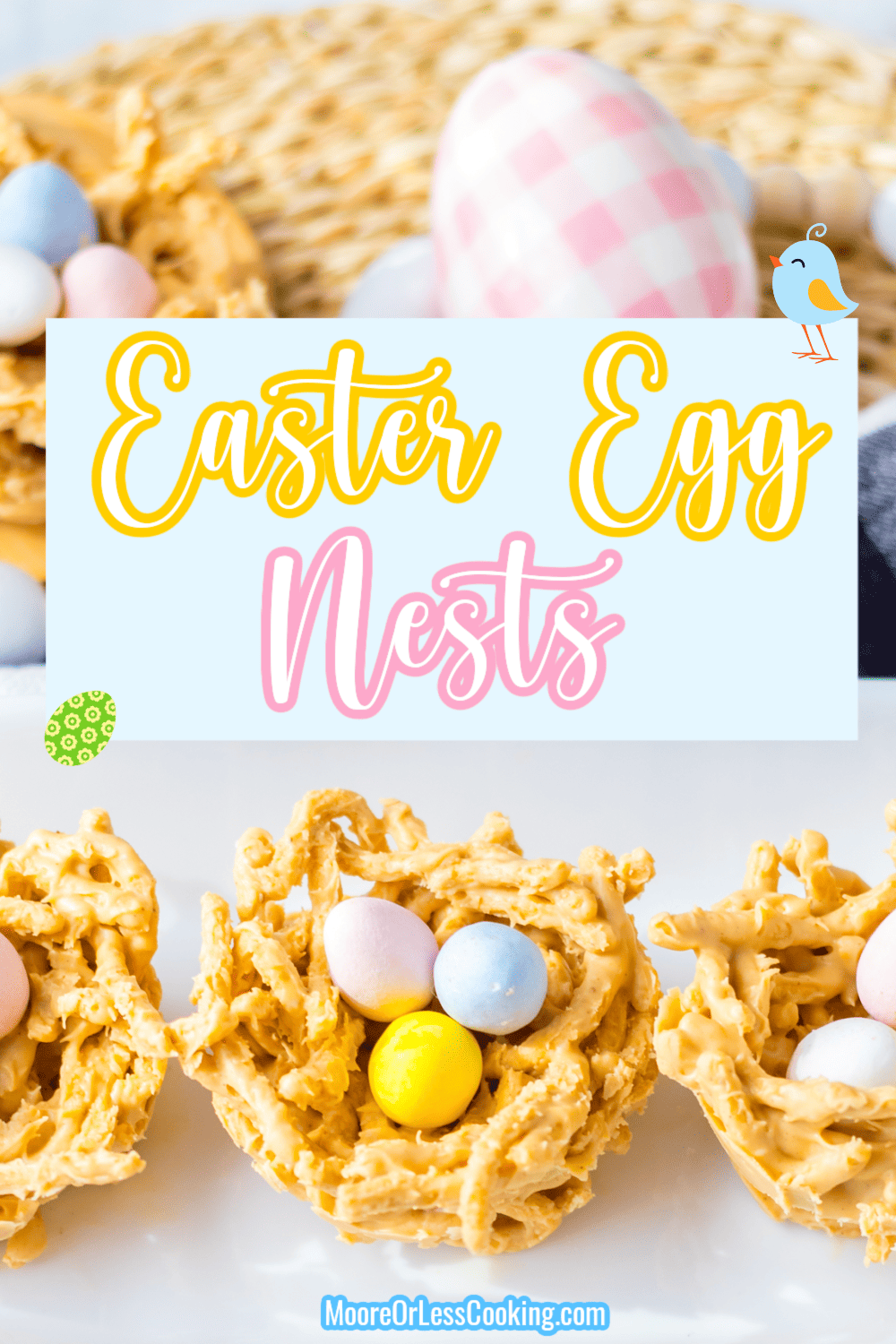 Sweet, chocolaty, colorful, and crunchy are the hallmarks of these delightful spring bird's nest cookies that are filled with pastel candy-coated mini eggs. They're the perfect dessert to serve at spring events. And best of all, they're so easy to make! via @Mooreorlesscook
