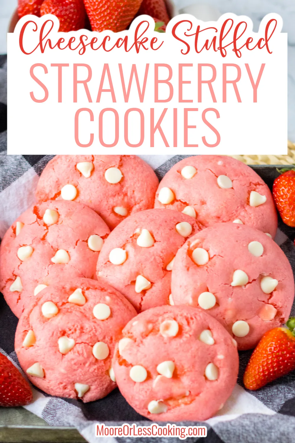 You'll love these Cheesecake Stuffed Strawberry Cookies that use a boxed cake mix to create these incredibly easy berry-flavored sweet treats. Studded with white chocolate chips, each cookie holds a cream cheese filling that's a decadent surprise when you take that first bite! via @Mooreorlesscook