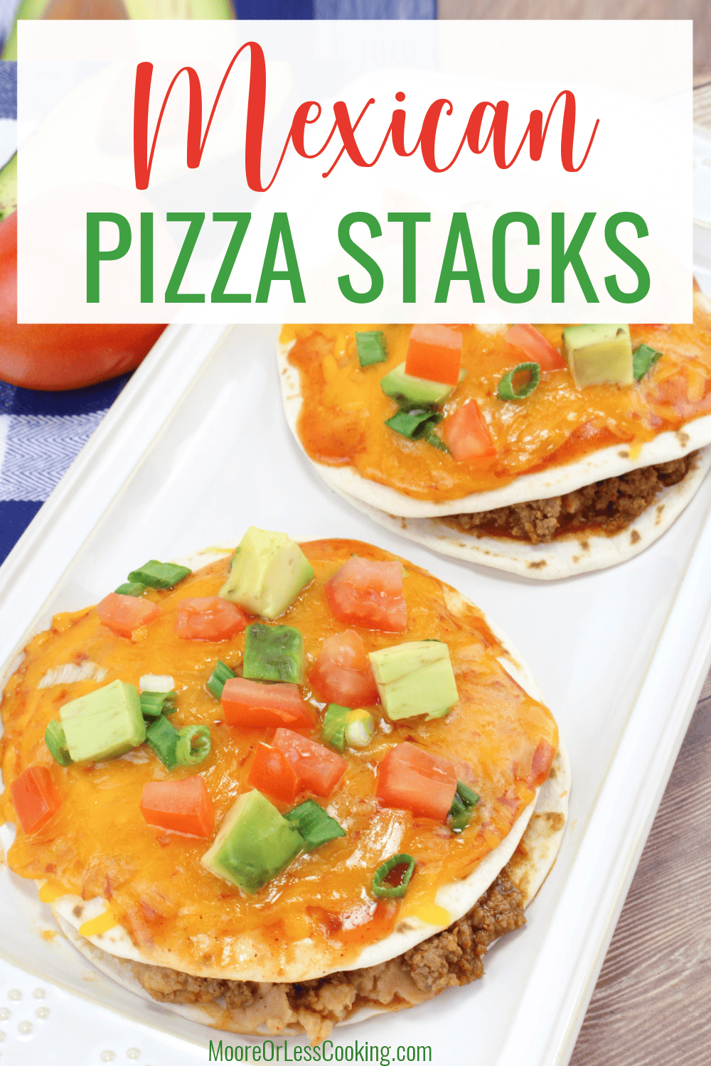 These easy-to-make Mexican Pizza Stacks are always a family favorite! Round tortillas are layered with spicy ground beef, enchilada sauce, refried beans, and cheese and baked to warm and melty perfection. They're loaded with flavor and are always a hit with kids as well as adults. via @Mooreorlesscook
