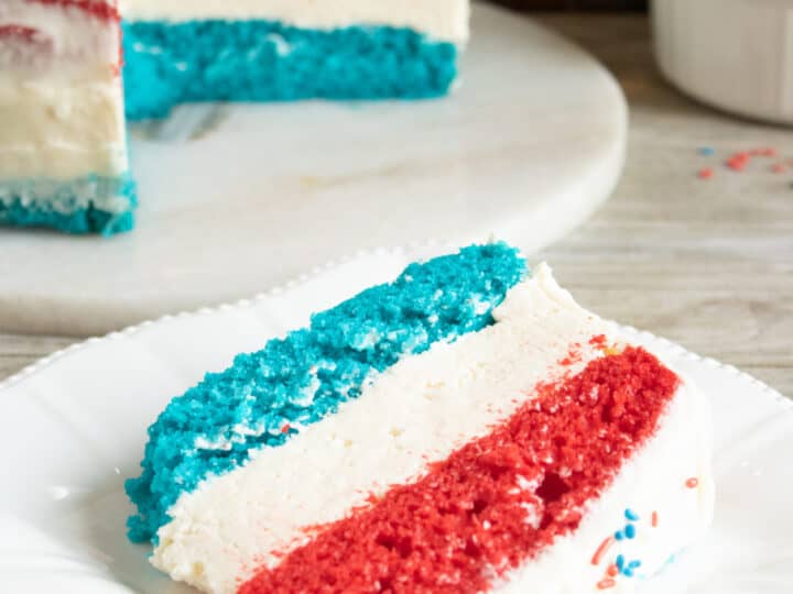 Red White And Blue Cake with a No-Bake Cheesecake Layer - Moore or Less  Cooking