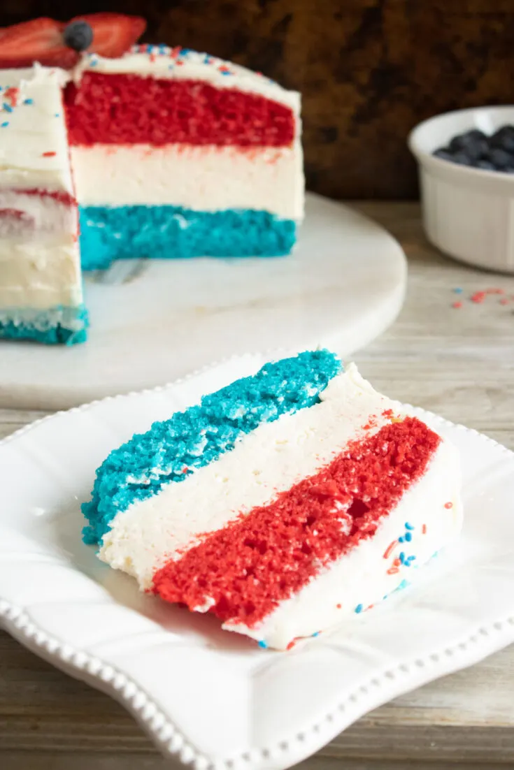 Red White And Blue Cake with No Bake Cheesecake Layer