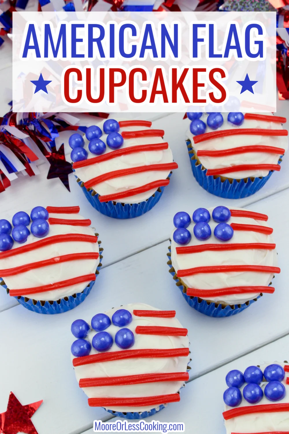 Keep it patriotic this summer with these American Flag Cupcakes that are perfect for the 4th of July, Flag Day or Memorial Day. They're an easy red, white and blue dessert that you can decorate in just minutes! via @Mooreorlesscook
