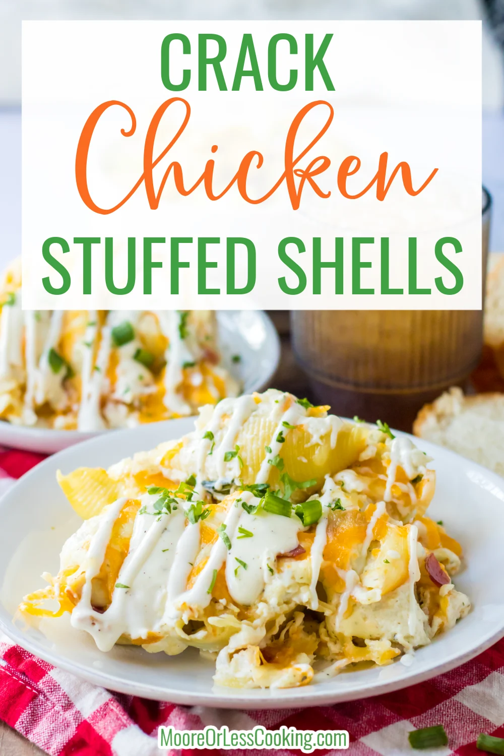 These Crack Chicken Stuffed Shells are such a great and flavorful easy dinner. Shredded chicken mixed with a creamy ranch sauce, cheese, bacon and scallions are stuffed into pasta shells before being topped with more and baked to perfection. This makes such a family friendly dinner. via @Mooreorlesscook