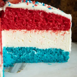 Red, White & Blue Cake with No-Bake Cheesecake Layer