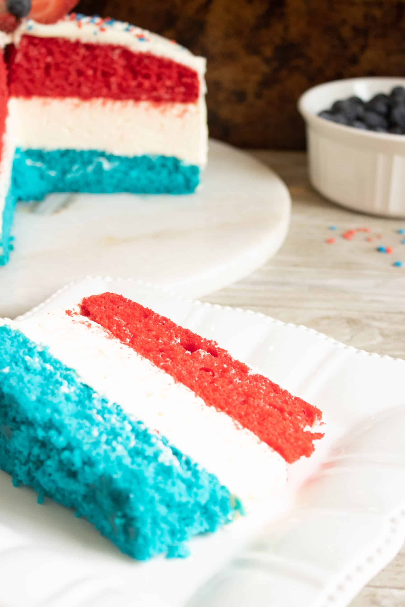 Red, White & Blue Cake with No-Bake Cheesecake Layer
