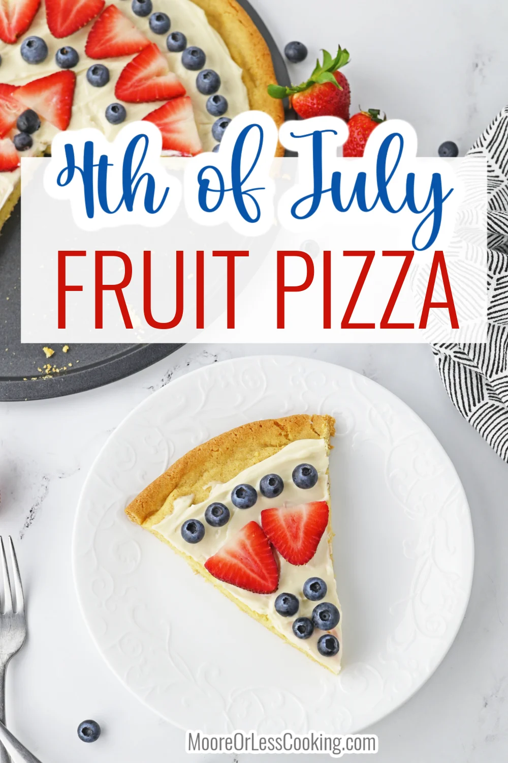 With its sugar cookie crust, sweet cream cheese frosting and red and blue fruity toppings, this 4th of July Fruit Pizza is an easy dessert to help make your patriotic celebration festive and delicious. via @Mooreorlesscook