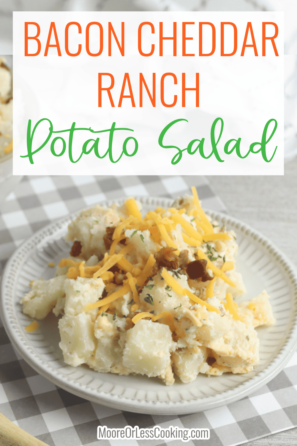 This potato salad recipe is loaded with all the ingredients that make it a crowd-pleaser - shredded cheddar cheese, crumbled salty bacon, a creamy dressing with a flavorful ranch twist, and tender potatoes. This recipe is also perfect for adding in even more delicious ingredients if you want to experiment with layering on other flavors. via @Mooreorlesscook