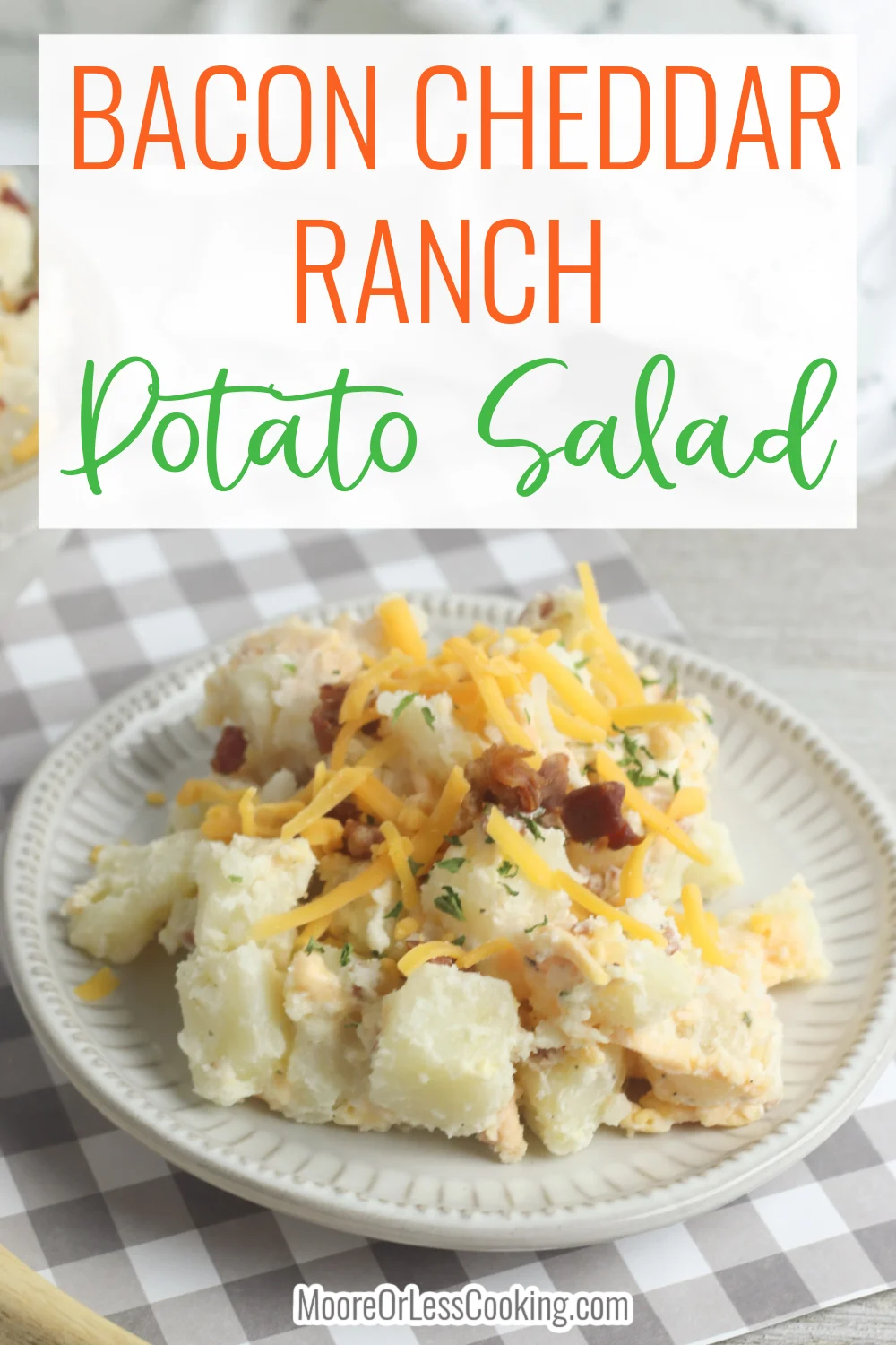 This potato salad recipe is loaded with all the ingredients that make it a crowd-pleaser - shredded cheddar cheese, crumbled salty bacon, a creamy dressing with a flavorful ranch twist, and tender potatoes. This recipe is also perfect for adding in even more delicious ingredients if you want to experiment with layering on other flavors. via @Mooreorlesscook
