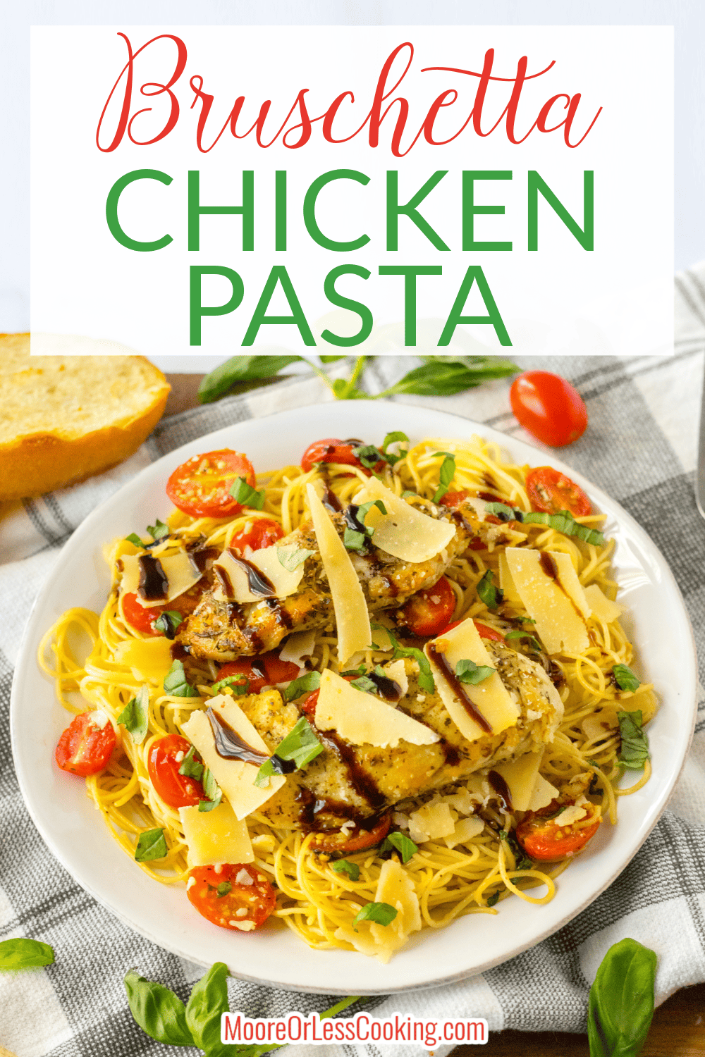 With minimal time and ingredients, you can have this Italian-inspired Bruschetta Chicken Pasta meal on the table in under 30 minutes! This easy-to-make chicken dinner will become your new favorite way to turn the flavors of a classic Italian appetizer into a crowd-pleasing meal. via @Mooreorlesscook