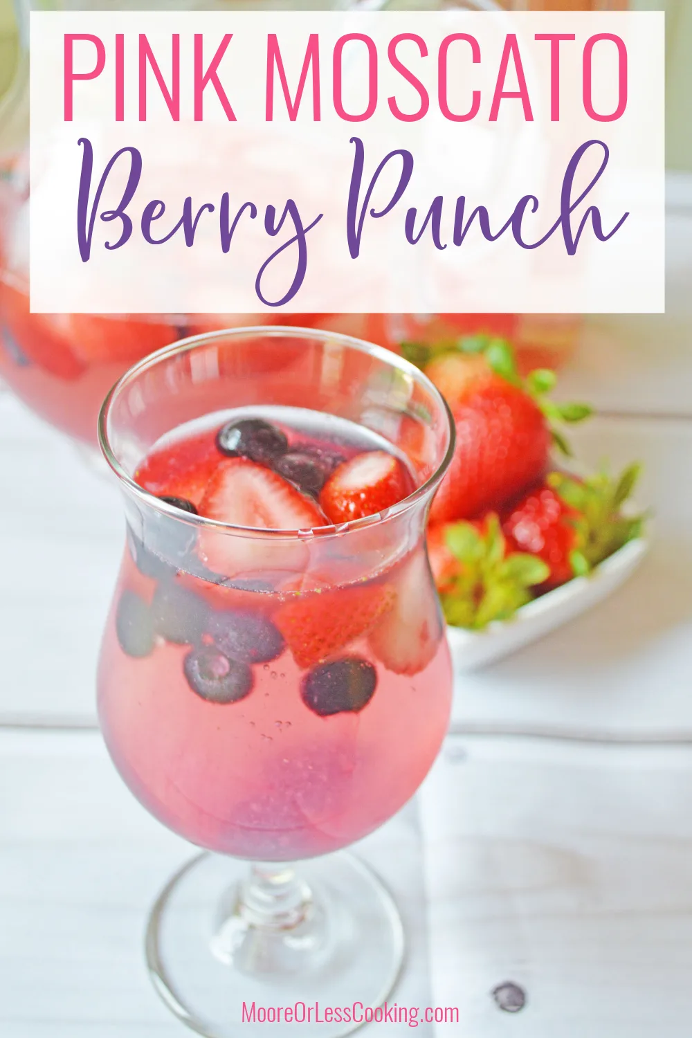 When you need a big batch of an adult party cocktail, make this easy Pink Moscato Berry Punch. It's a delicious combination of sweet wine and vodka that's garnished with luscious berries. Just make it ahead and let it chill in the fridge until party time! via @Mooreorlesscook
