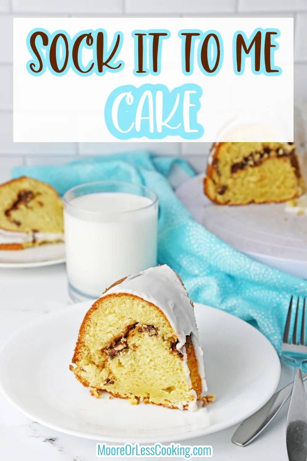 Vintage Bundt cake recipe that's rich, buttery and swirled with a hidden streusel that's full of cinnamon, brown sugar and pecans. Top this Sock It To Me Cake with a sweet glaze before enjoying a slice of this scrumptious dessert. via @Mooreorlesscook