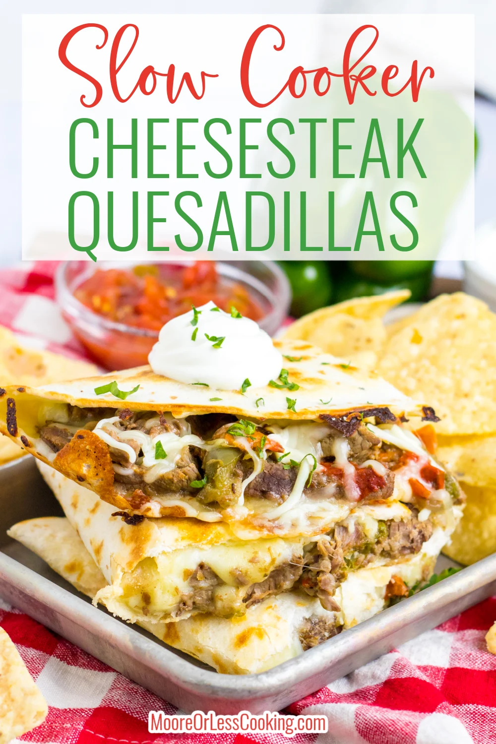 These Slow Cooker Cheesesteak Quesadillas are so easy and a real crowd pleaser. Tik Tok has been going crazy for take out cheesesteak quesadillas but they are so easy to make right in the crockpot at home! Tender strips of beef, peppers and onions are slow cooked before getting piled in tortillas with plenty of melty cheese. These are delicious and a weeknight favorite! via @Mooreorlesscook