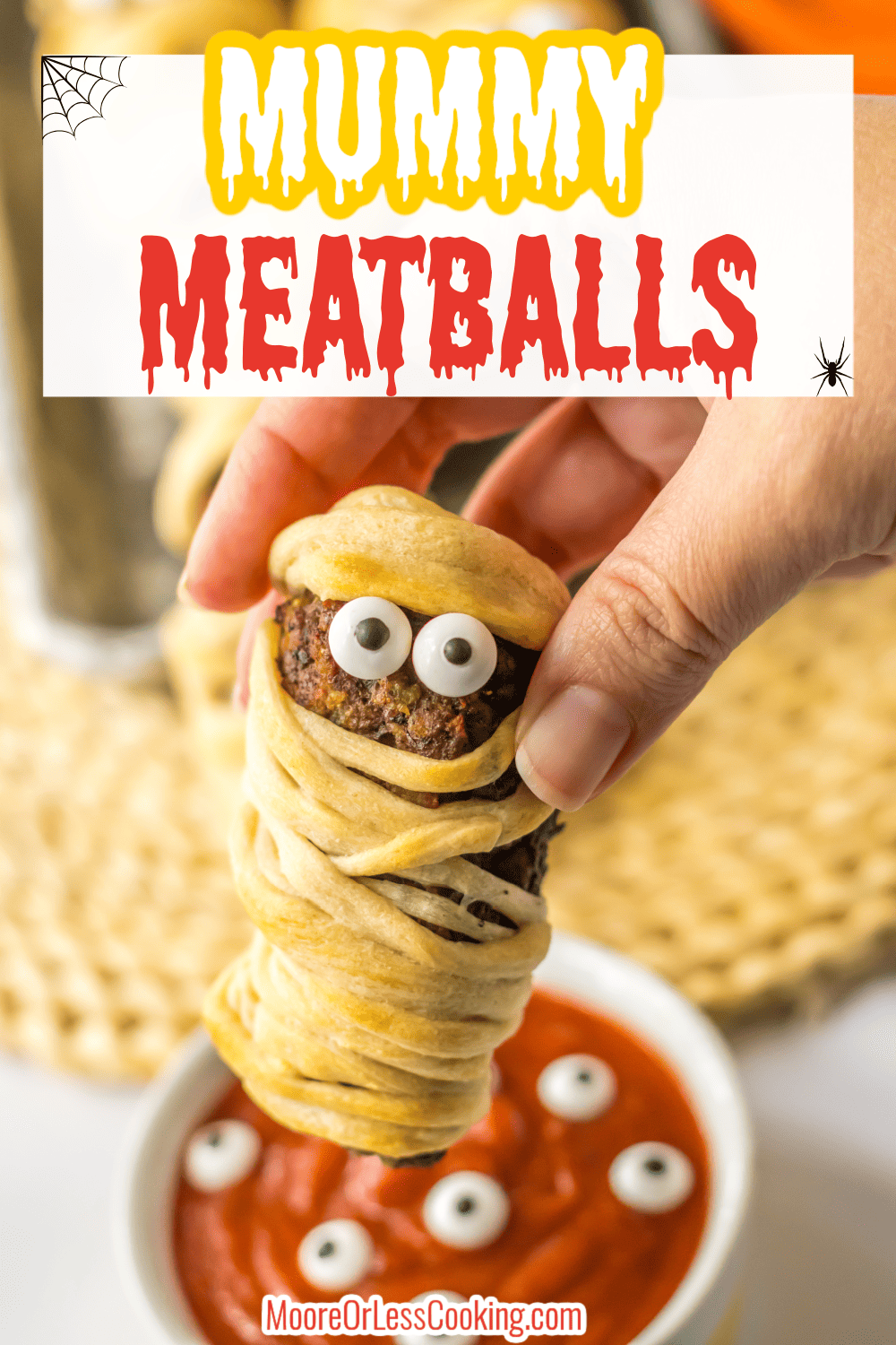 Easy to make and fun to assemble and decorate, these Mummy Meatballs are kid-friendly and perfect for Halloween parties. Kids will want to help wrap the mummy meatballs with the crescent dough "bandages" and will gobble these savory treats up once they're fully cooked. Serve them with a marinara dipping sauce for a crowd-pleasing dish. via @Mooreorlesscook