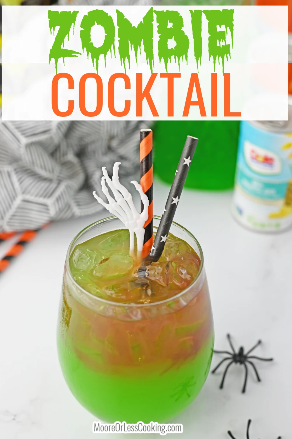 Full of fruity flavors, this spirited drink packs a punch and keeps it boozy with the addition of vodka and liqueurs of Midori and blue curacao. The ingredients used not only add alcohol and fruitiness but help add color to this cocktail that's always a hit for Halloween. via @Mooreorlesscook