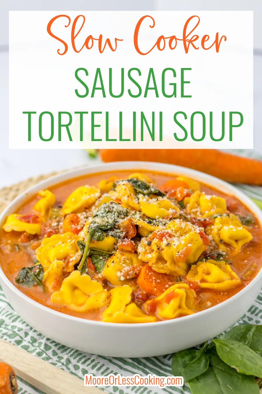 Savory and full of outrageous flavor, Slow Cooker Sausage Tortellini Soup is the pasta dinner you want to make when you're looking for a filling and satisfying meal. This tortellini and sausage soup is cooked slowly in a creamy tomato and chicken broth base that's full of veggies like carrots, onion, celery, garlic and more. With minimal prep, you'll let your slow cooker do all the work for this delicious soup that's always a family favorite. via @Mooreorlesscook