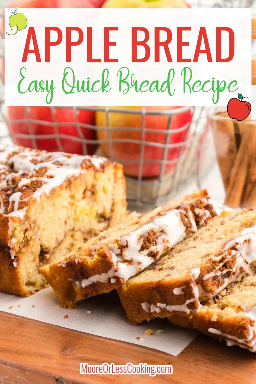This easy quick bread recipe is full of cozy flavors and ingredients that will have your kitchen smelling like an apple orchard in autumn. Tender bites of fruity apple mingle with a cinnamon-sugar mixture within this loaf of bread that's topped with a sweet sugar glaze. A warm slice of this apple bread is an irresistible treat that's best enjoyed with a cup of coffee or a tall glass of milk. via @Mooreorlesscook