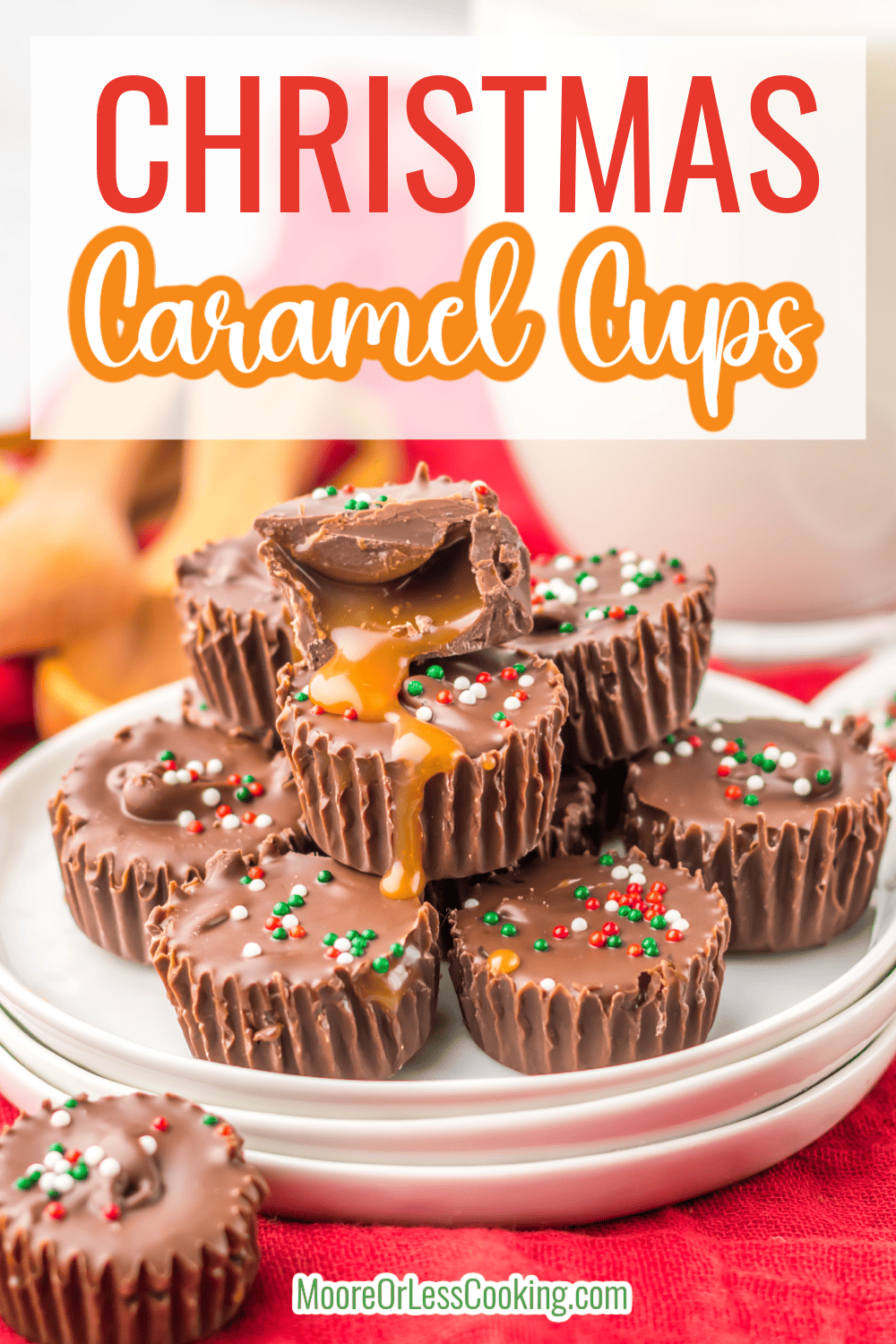 The irresistible duo of chocolate and caramel is combined into these festive candy cups that are perfect for the holidays and beyond. These Christmas Caramel Cups are a no-bake 3 ingredient candy that's super simple to make. You'll taste the scrumptiousness with that first bite that oozes caramel deliciousness from my homemade recipe. via @Mooreorlesscook